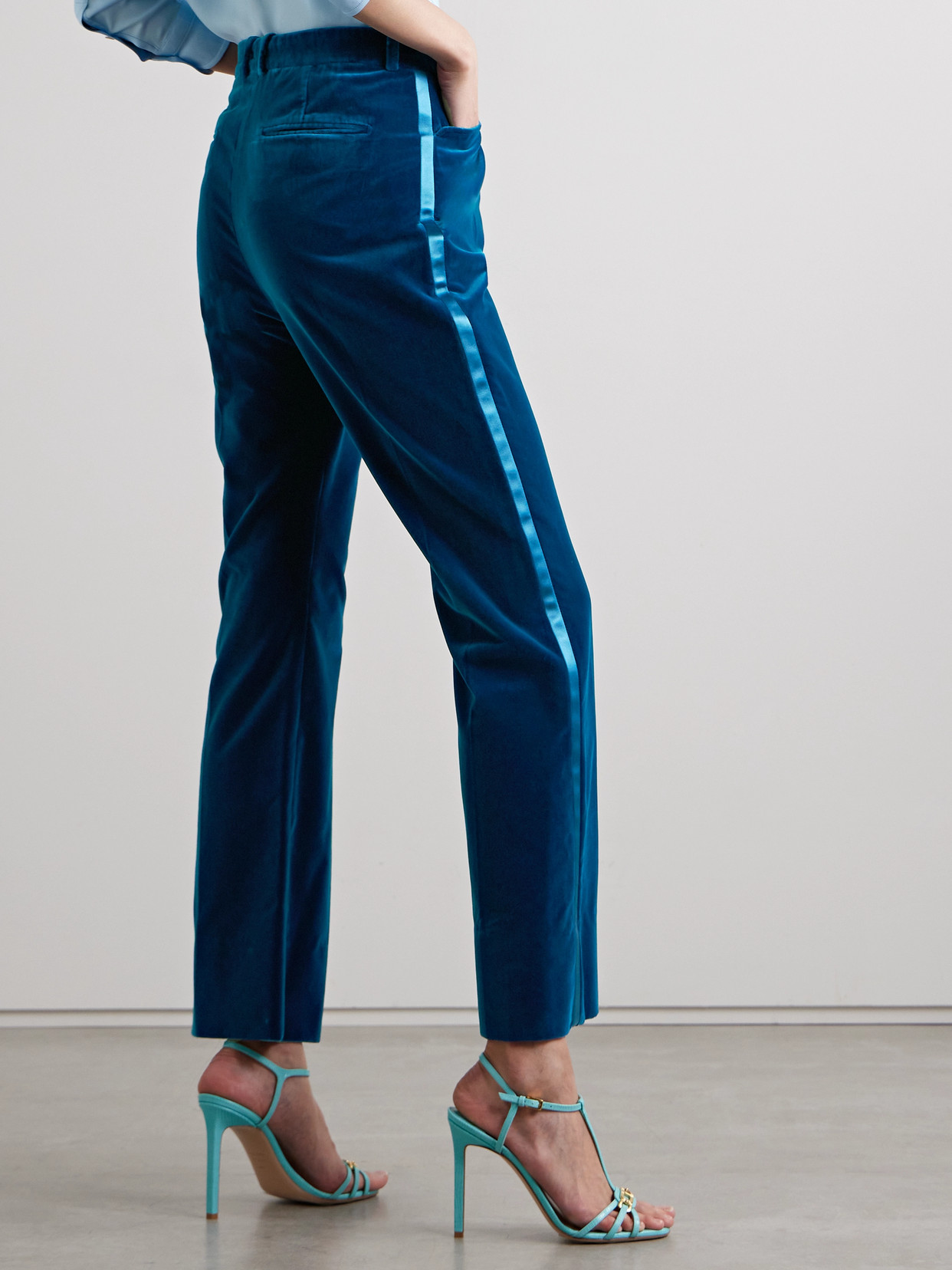 Tom Ford Silk Satin-trimmed Cotton-velvet Straight-leg Pants In Blue