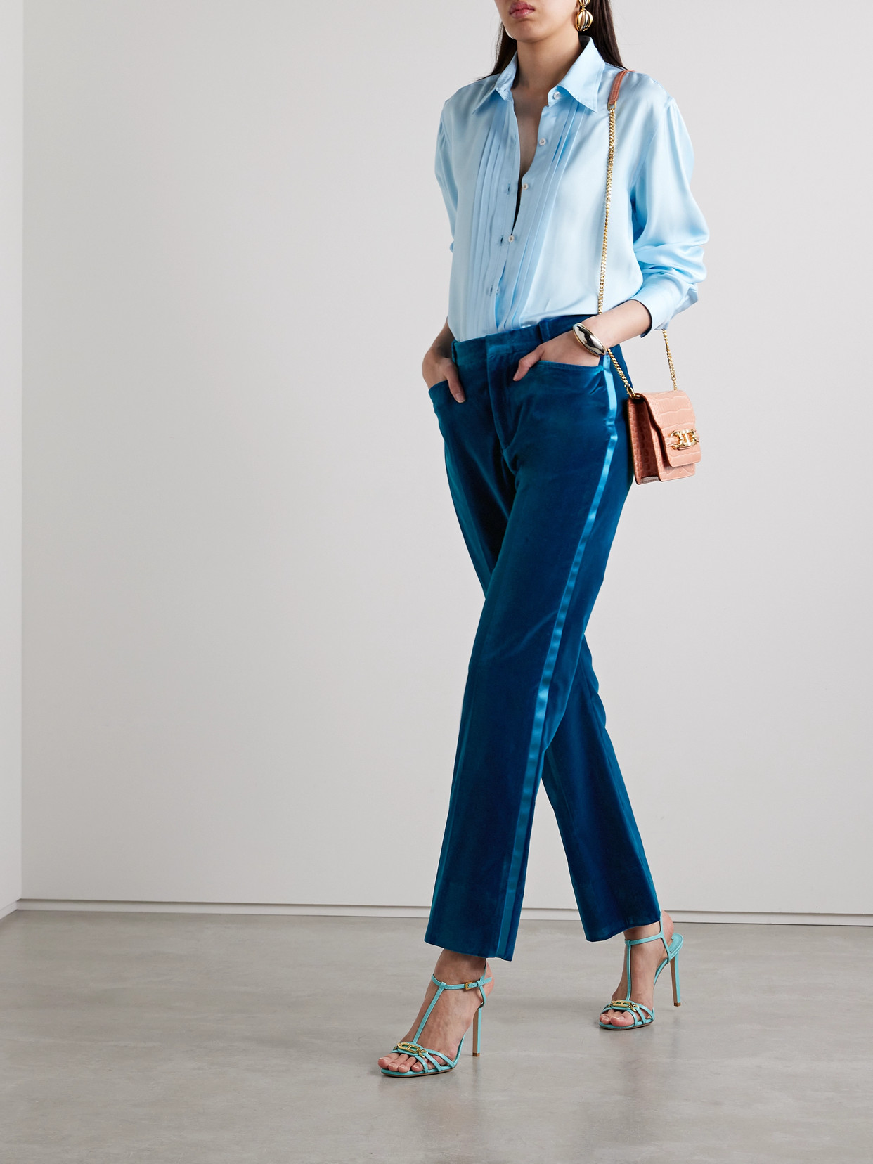 Tom Ford Silk Satin-trimmed Cotton-velvet Straight-leg Pants In Blue
