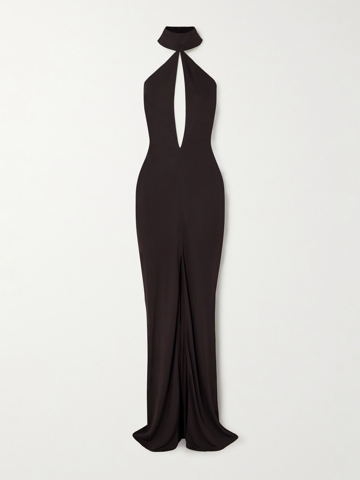 Shop Tom Ford Cutout Gathered Jersey Halterneck Gown In Brown