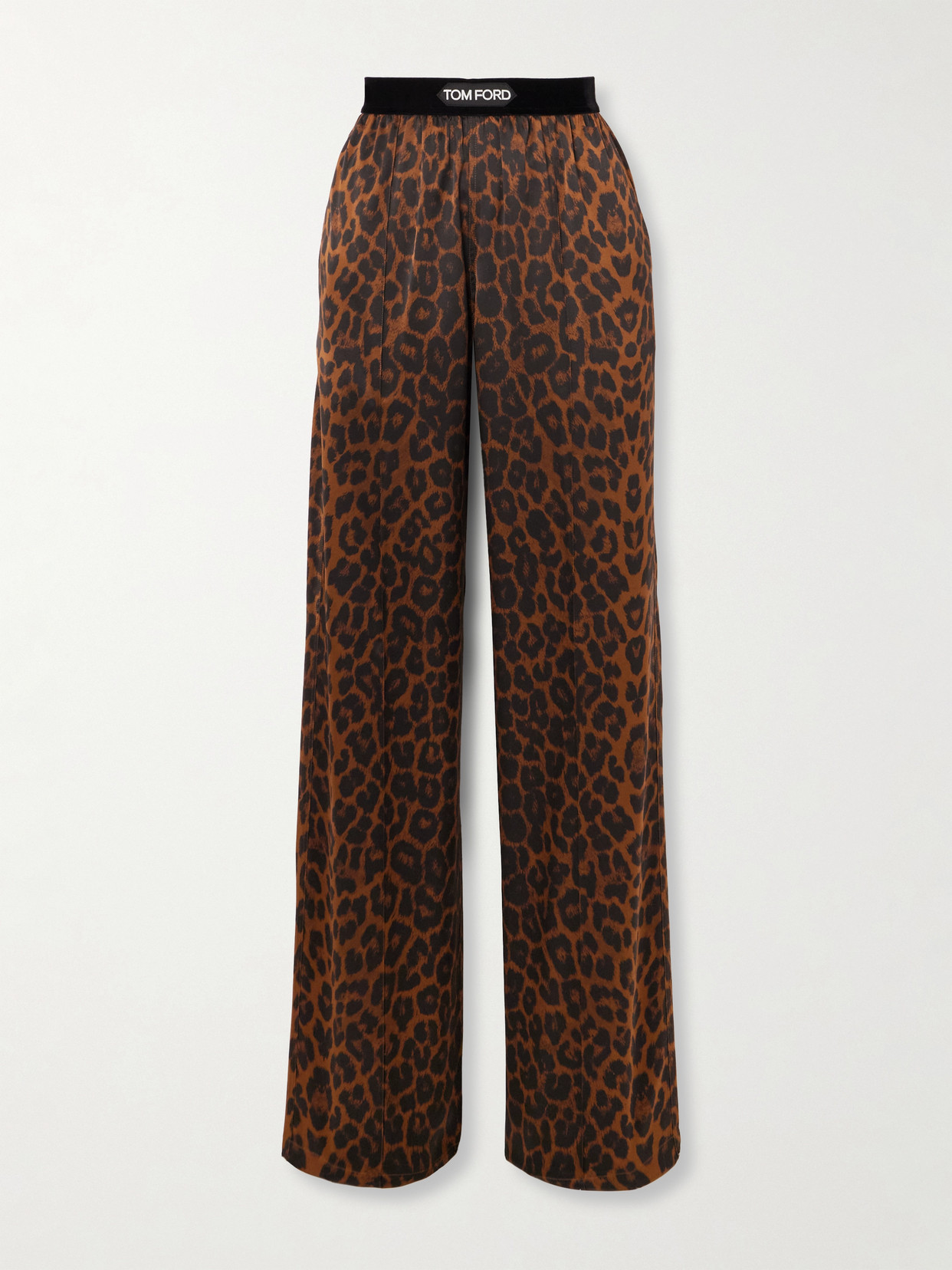 TOM FORD JACQUARD-TRIMMED LEOPARD-PRINT SILK-BLEND SATIN WIDE-LEG PANTS