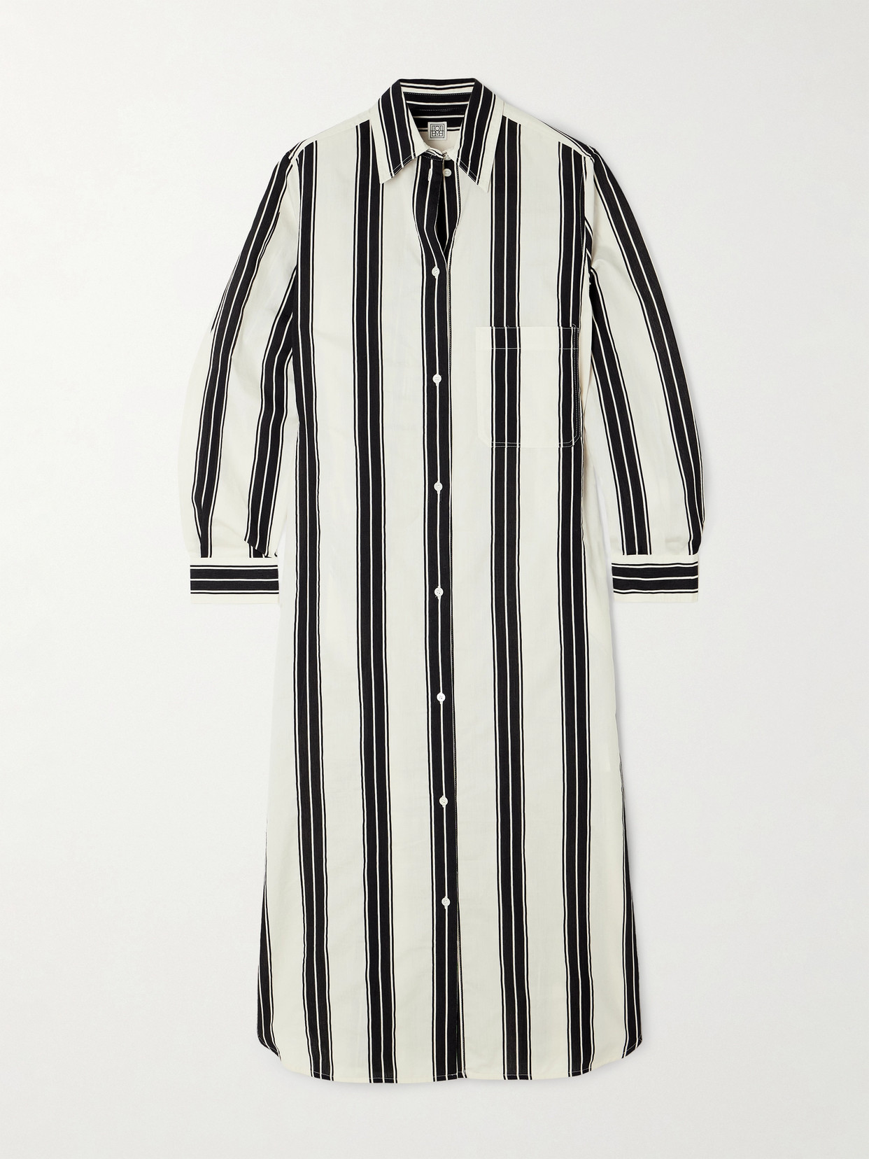 TOTÊME STRIPED JACQUARD-TRIMMED COTTON-BLEND MAXI SHIRT DRESS