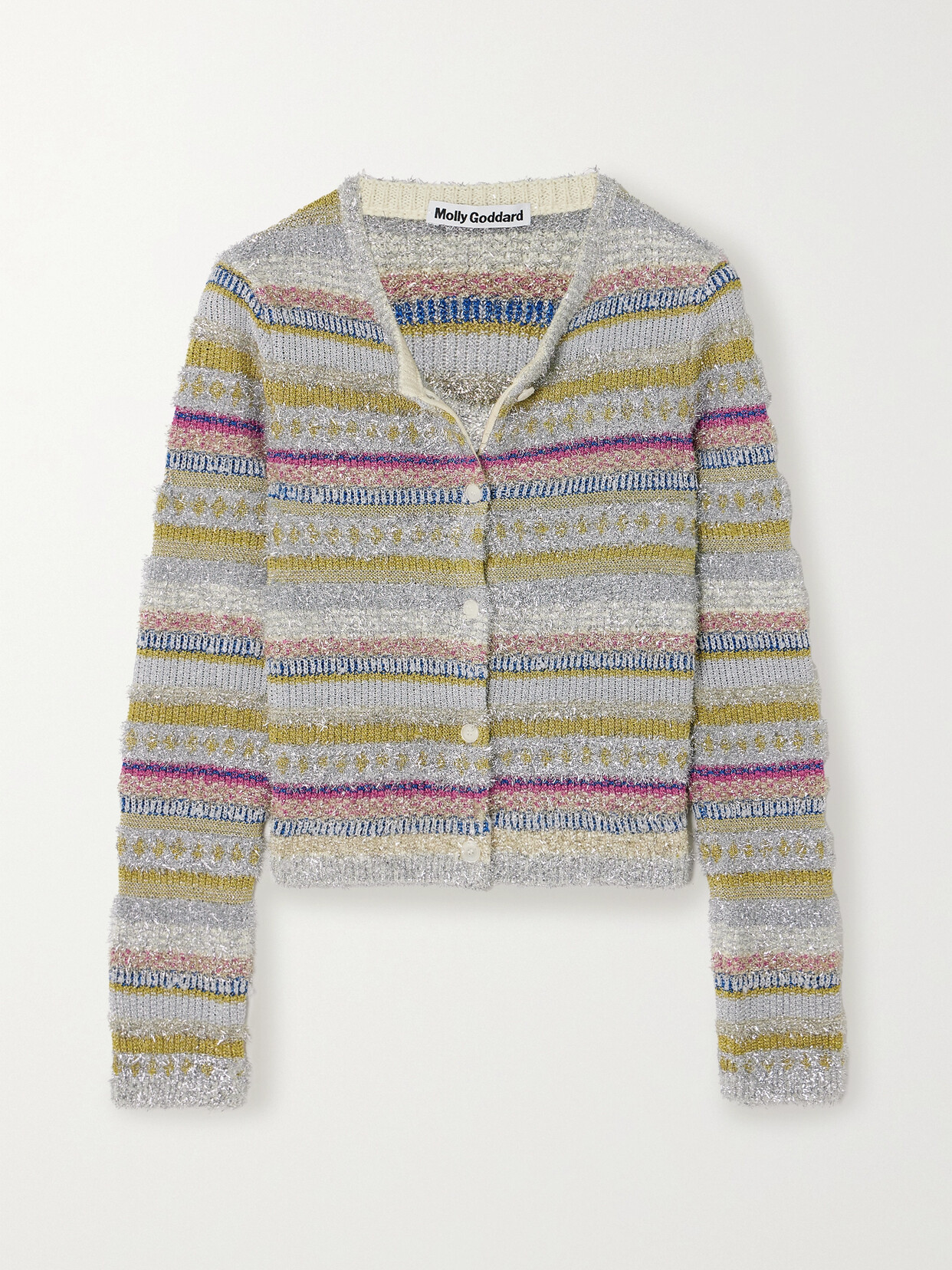 Molly Goddard Joanna Striped Metallic Intarsia-knit Cardigan In Silver