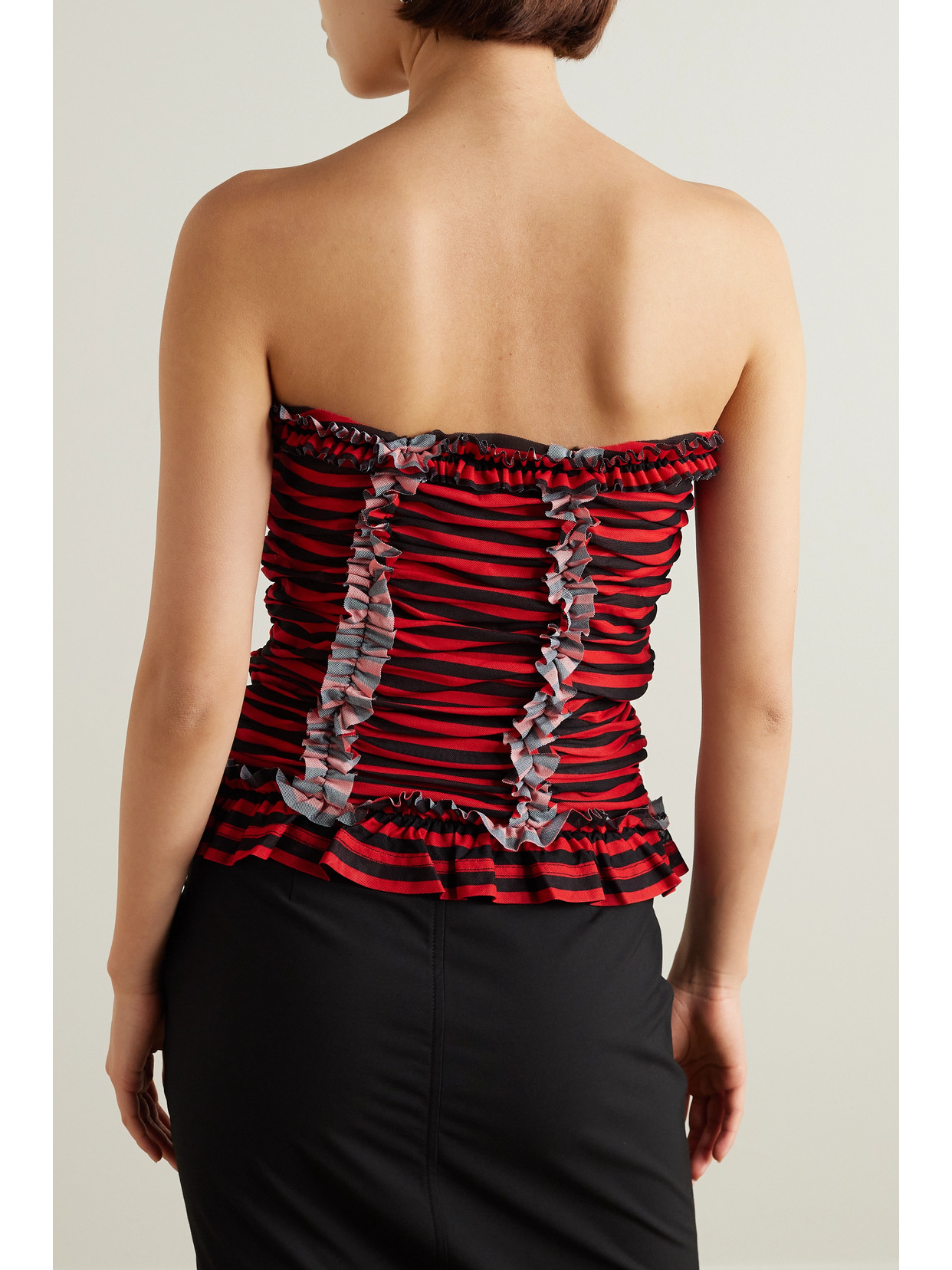 Tracey Strapless Ruffled Striped Tulle Top
