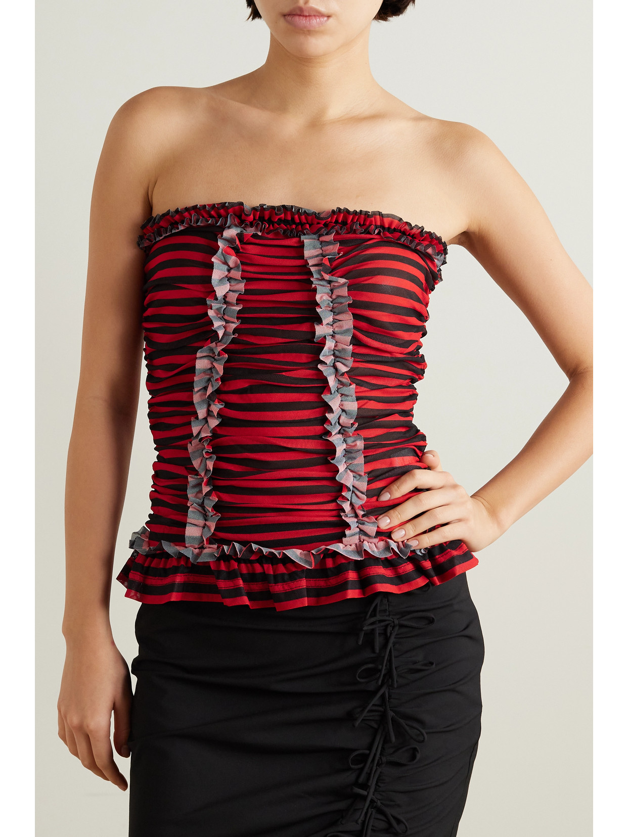 Tracey Strapless Ruffled Striped Tulle Top