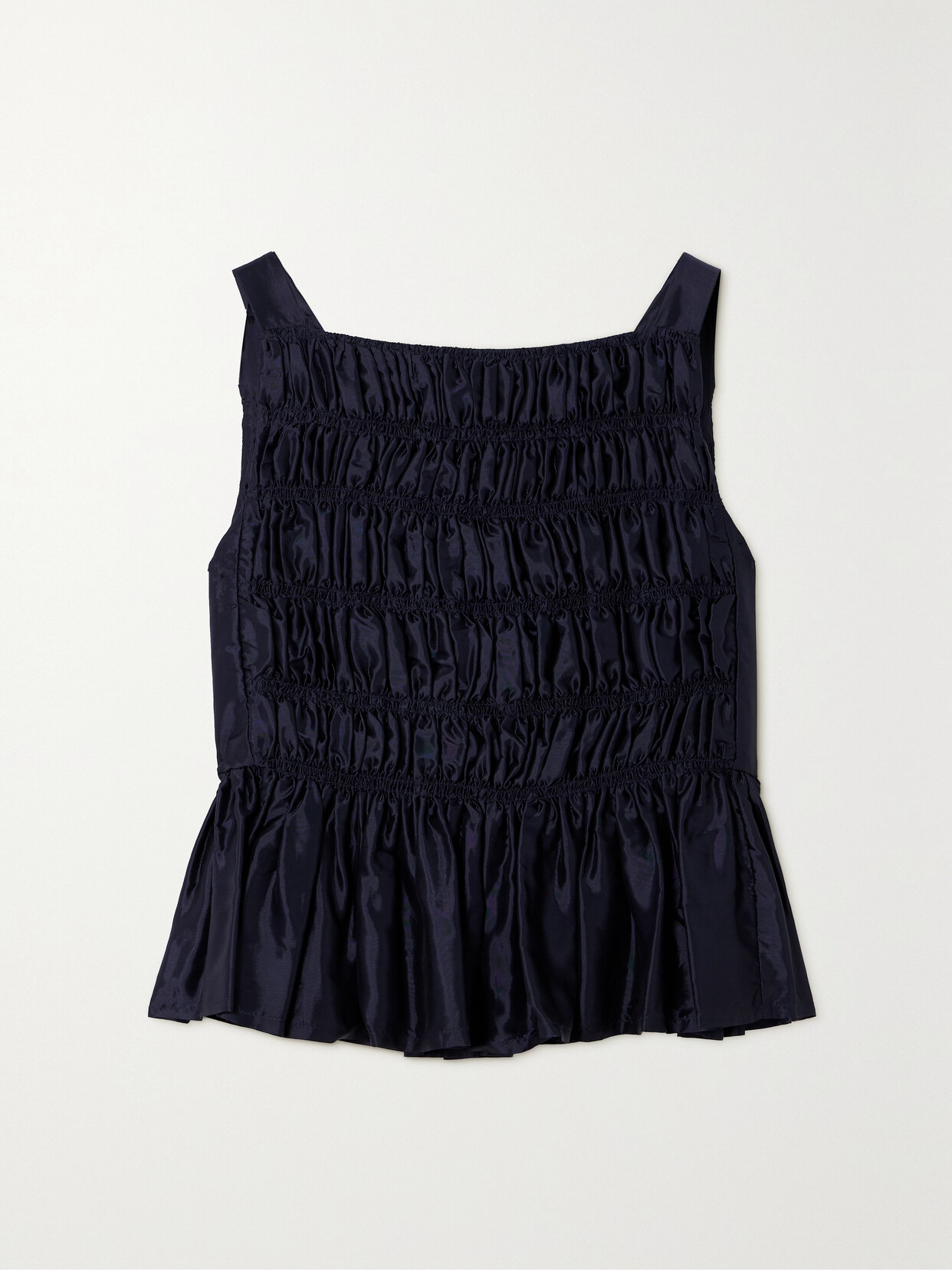 Molly Goddard Danny Shirrred Taffeta Peplum Top In Blue