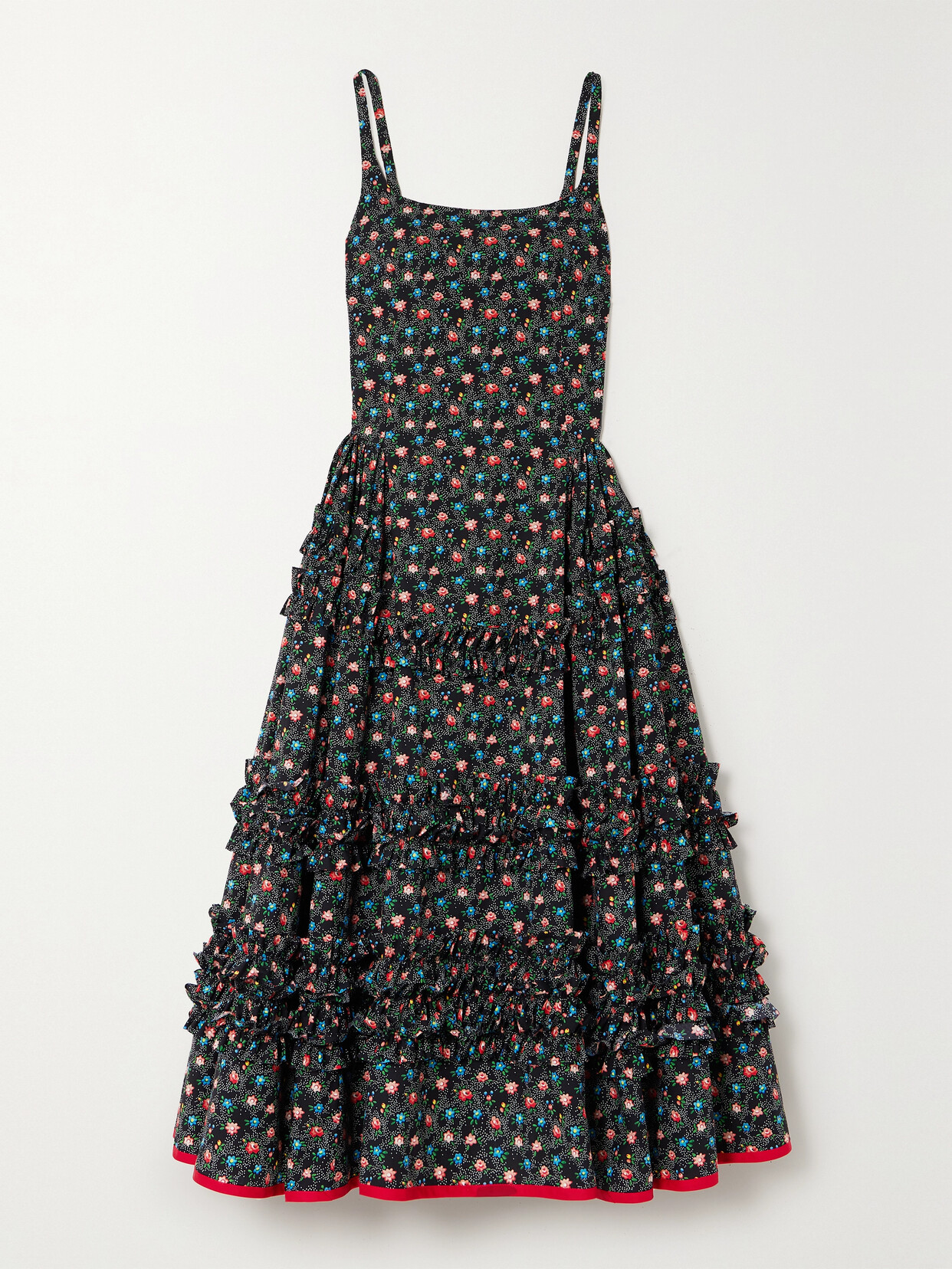 Shop Molly Goddard Ruby Tiered Ruffled Satin-trimmed Floral-print Cotton Midi Dress In Black