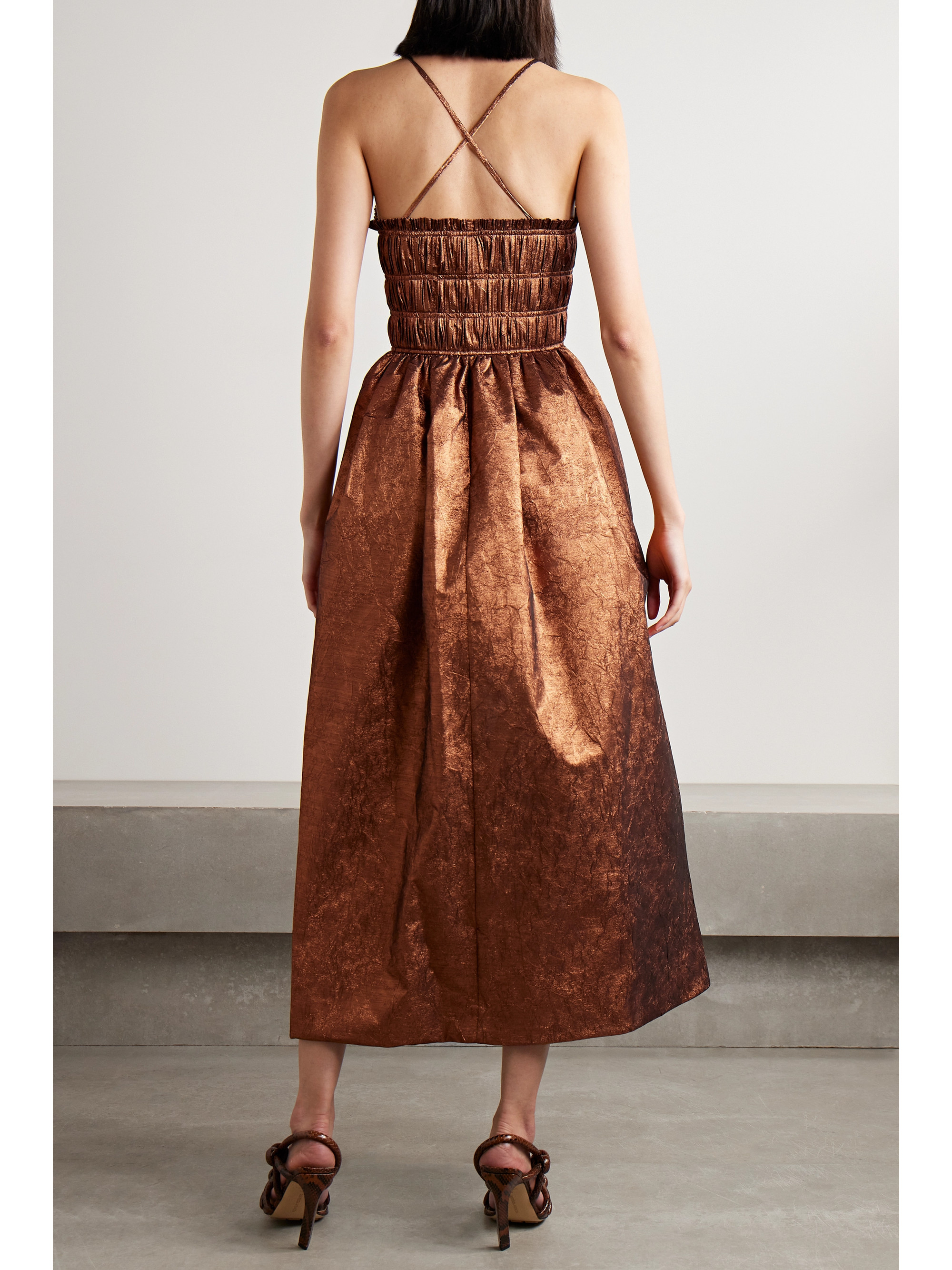 Ulla Johnson Seraphina shirred metallic crinkled-taffeta midi dress
