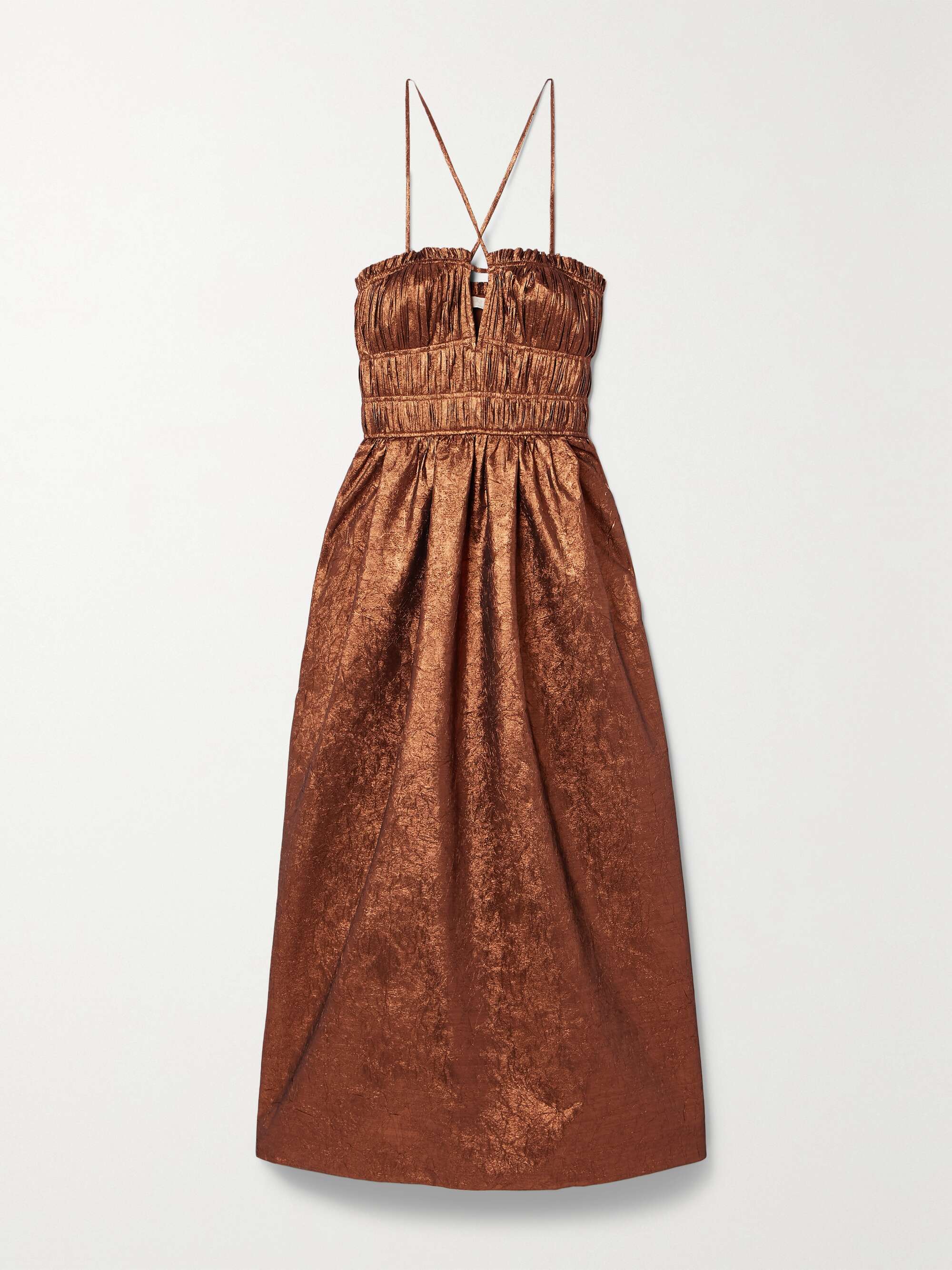 Seraphina shirred metallic crinkled-taffeta midi dress