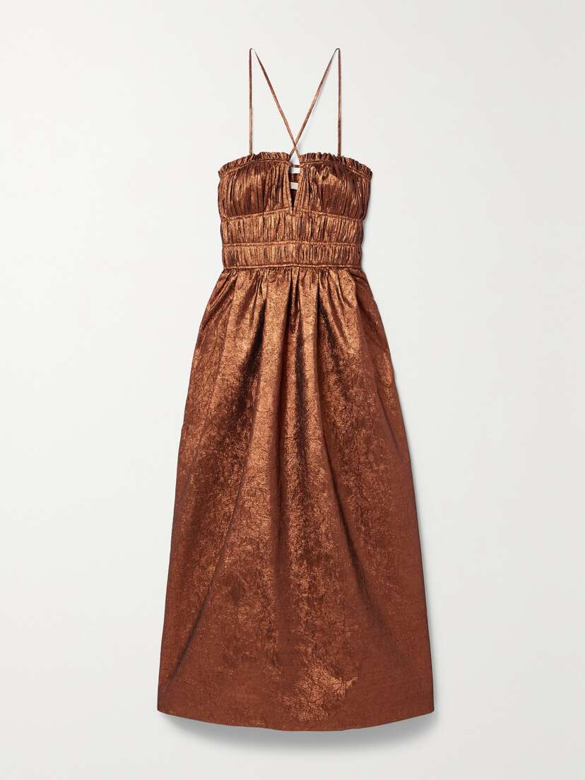 Ulla Johnson Seraphina Shirred Metallic Crinkled-taffeta Midi Dress