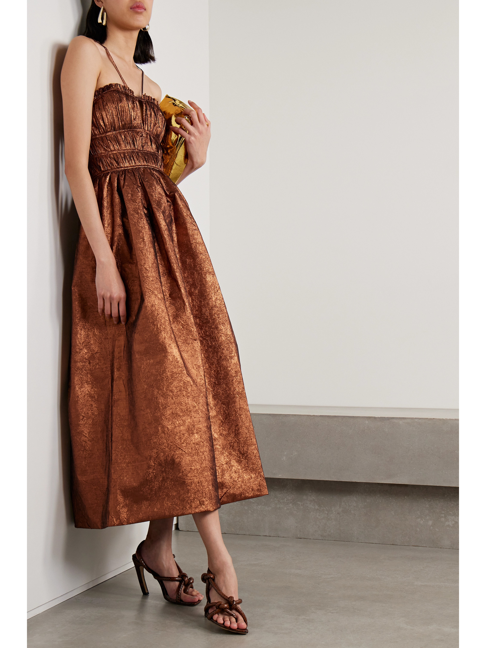 Ulla Johnson Seraphina shirred metallic crinkled-taffeta midi dress