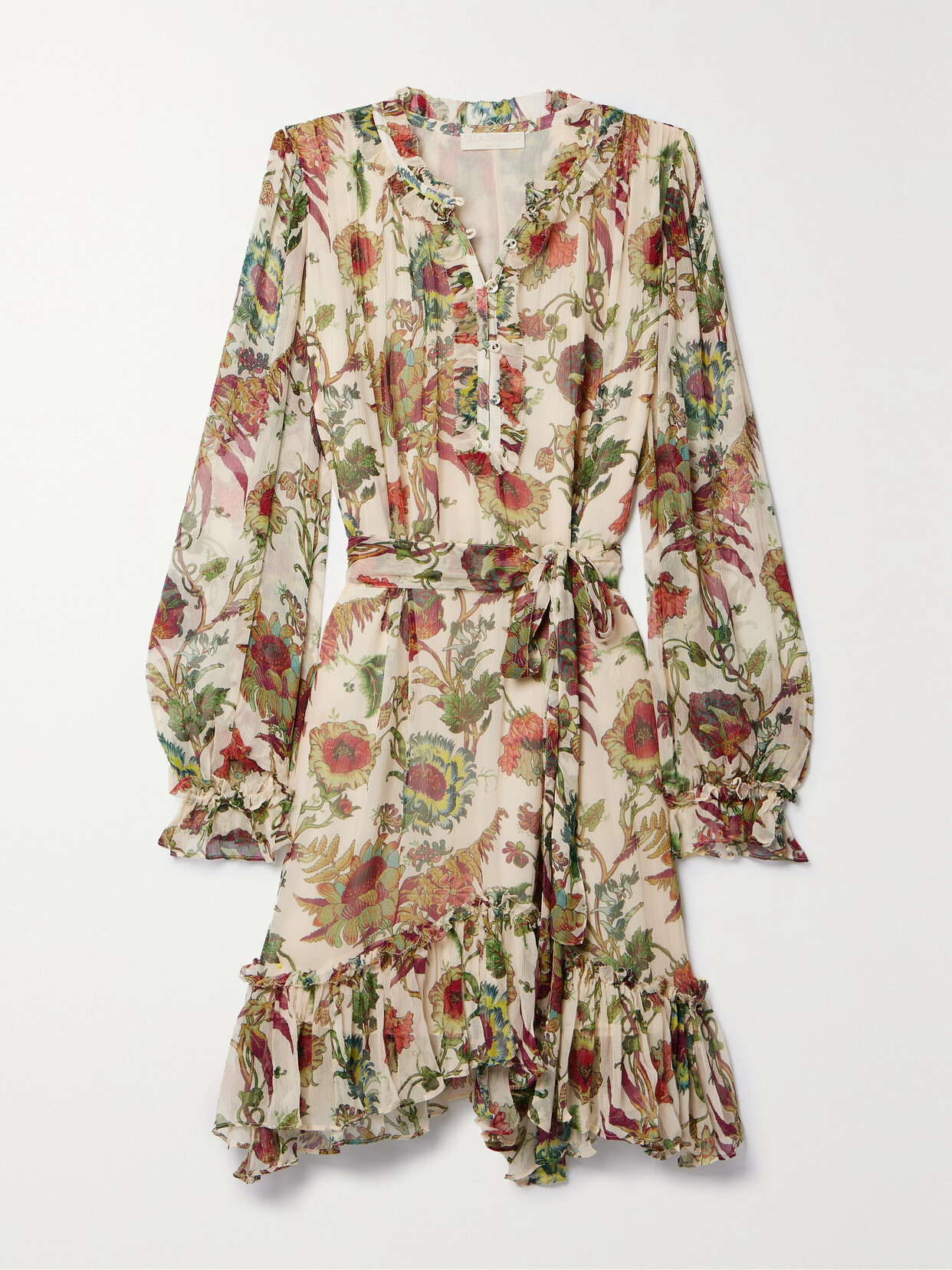 Shop Ulla Johnson Anais Ruffled Floral-print Silk-crepon Mini Dress In Neutrals