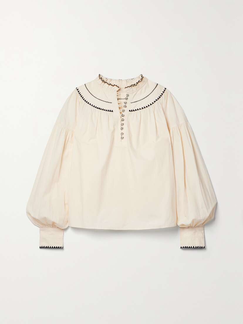 Ulla Johnson Lennie Gathered Embroidered Cotton-poplin Blouse