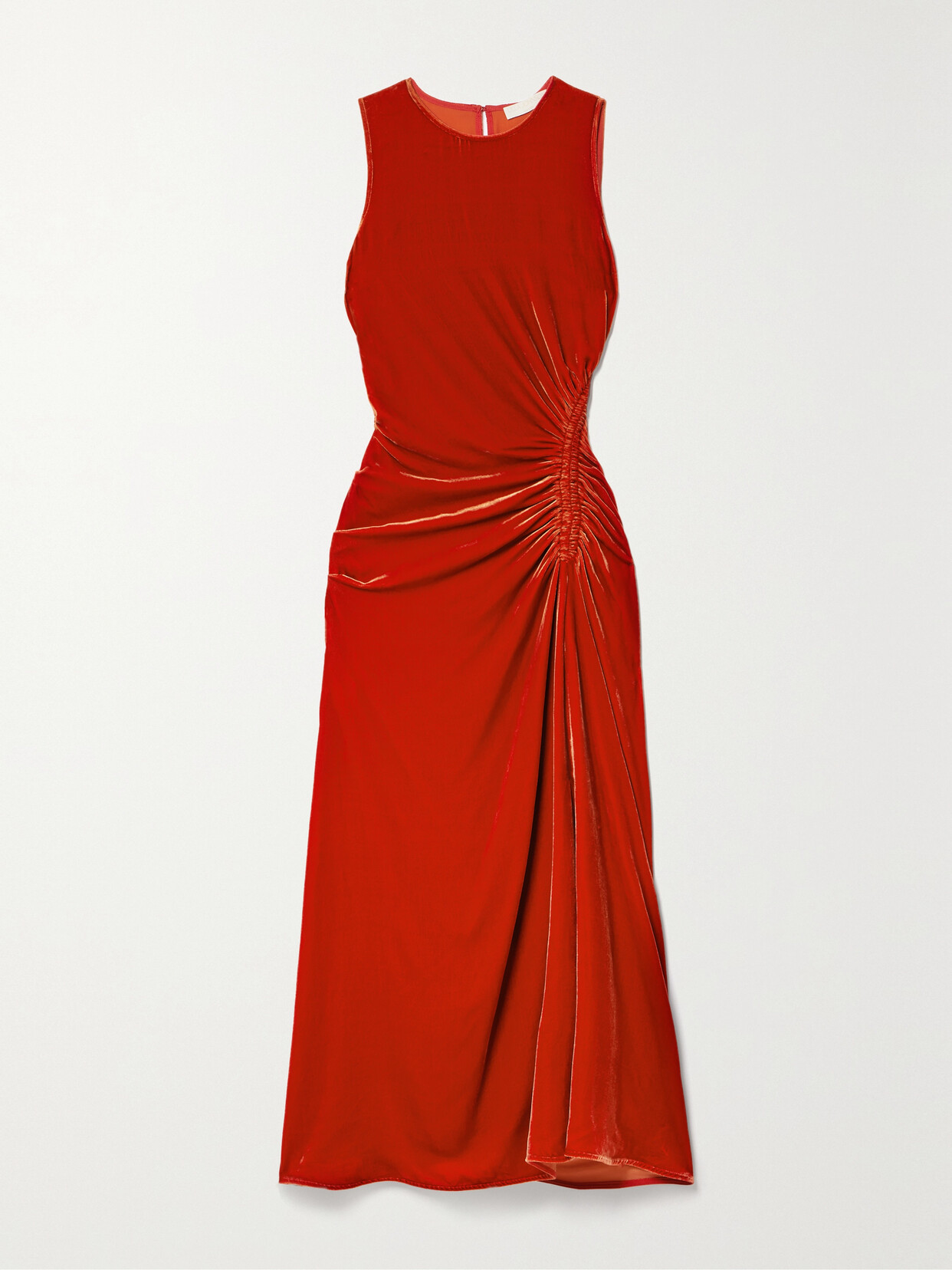 Shop Ulla Johnson Cornelia Ruched Velvet Midi Dress In Red