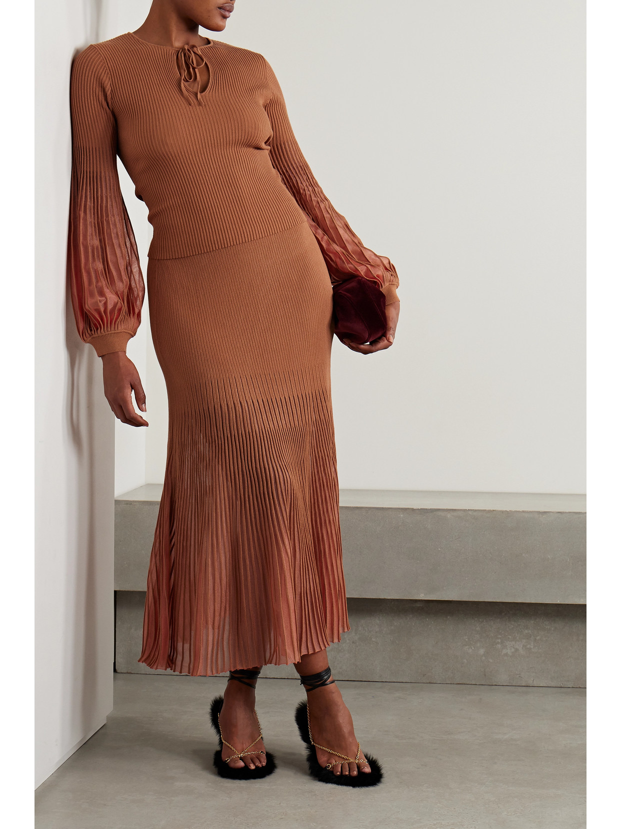 Emilia Tulle-Trimmed Ribbed-Knit Midi