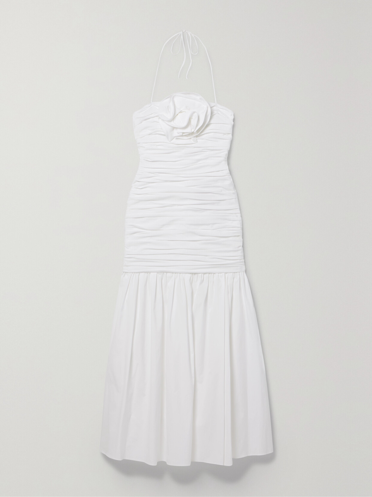 Shop Carolina Herrera Ruched Appliquéd Cotton-blend Poplin Midi Dress In White