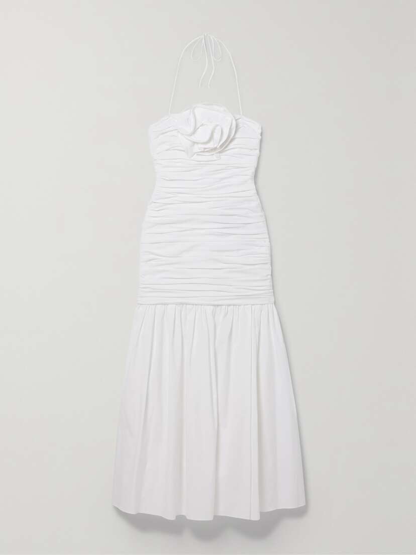 Carolina Herrera Ruched Appliquéd Cotton-blend Poplin Midi Dress