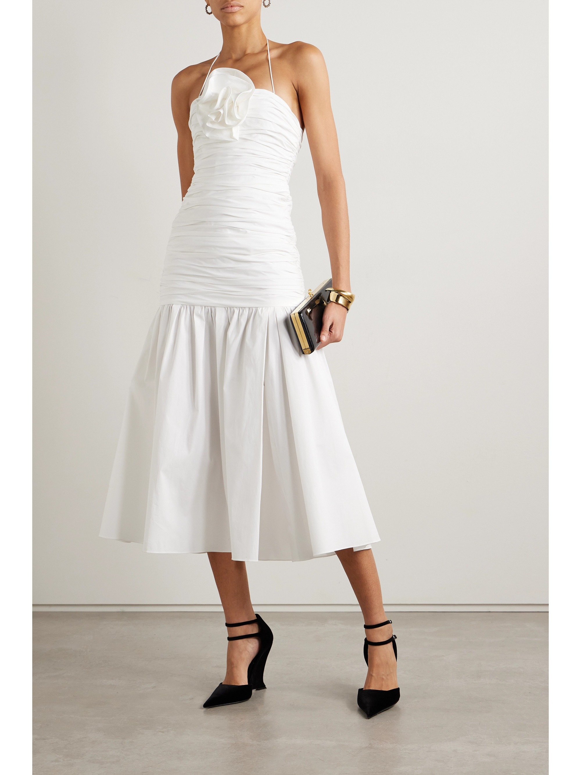 Carolina Herrera Ruched appliquéd cotton-blend poplin midi dress