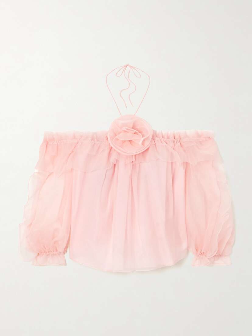 Carolina Herrera Off-the-shoulder Ruffled Appliquéd Silk-chiffon Top