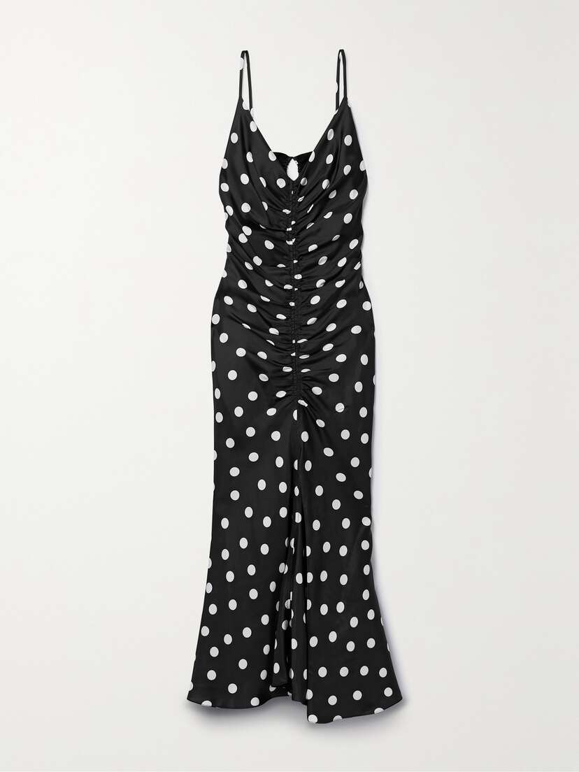 Carolina Herrera Ruched Polka-dot Satin-jersey Midi Dress