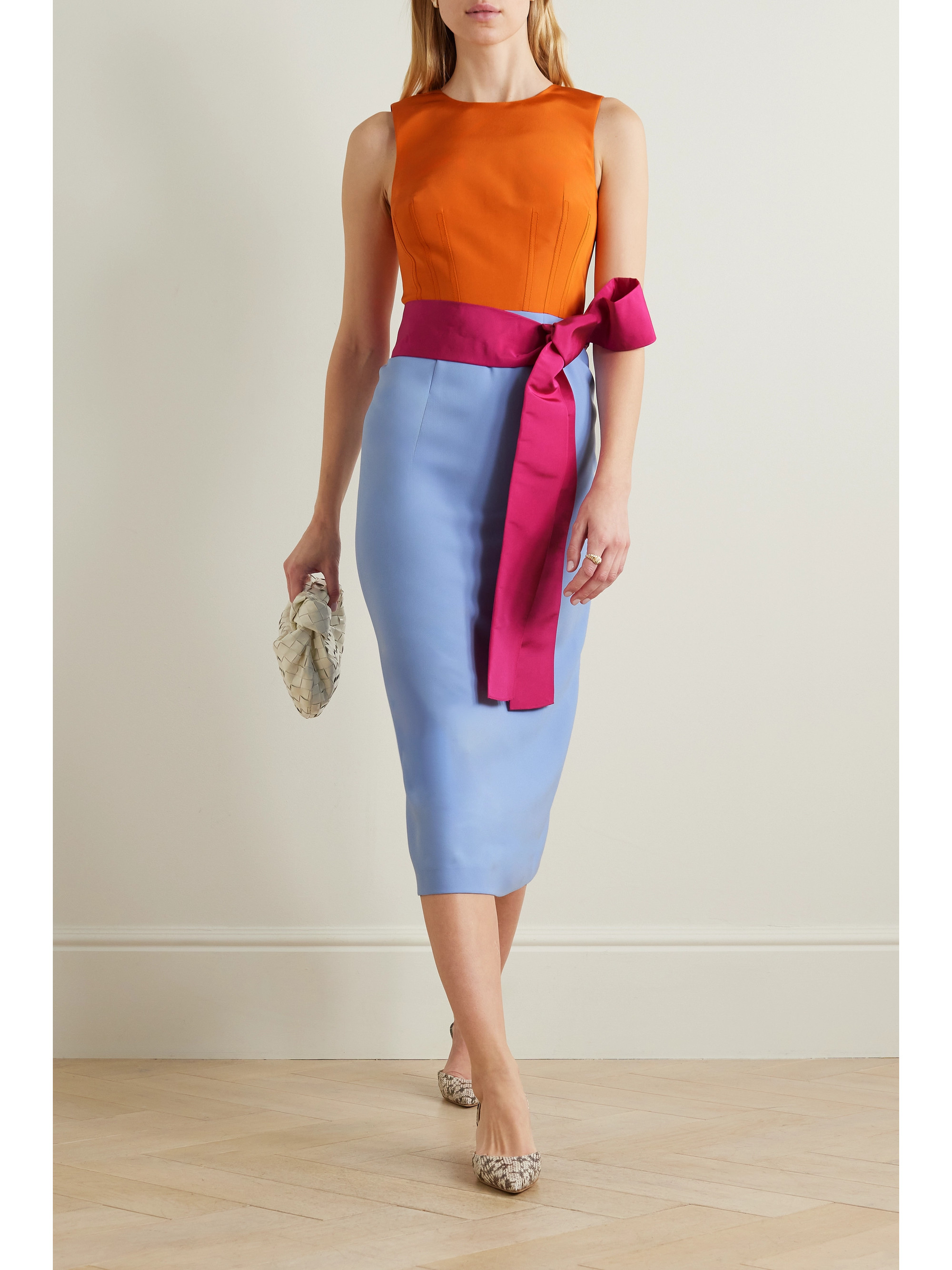 Carolina Herrera Bow-detailed color-block silk-faille midi dress