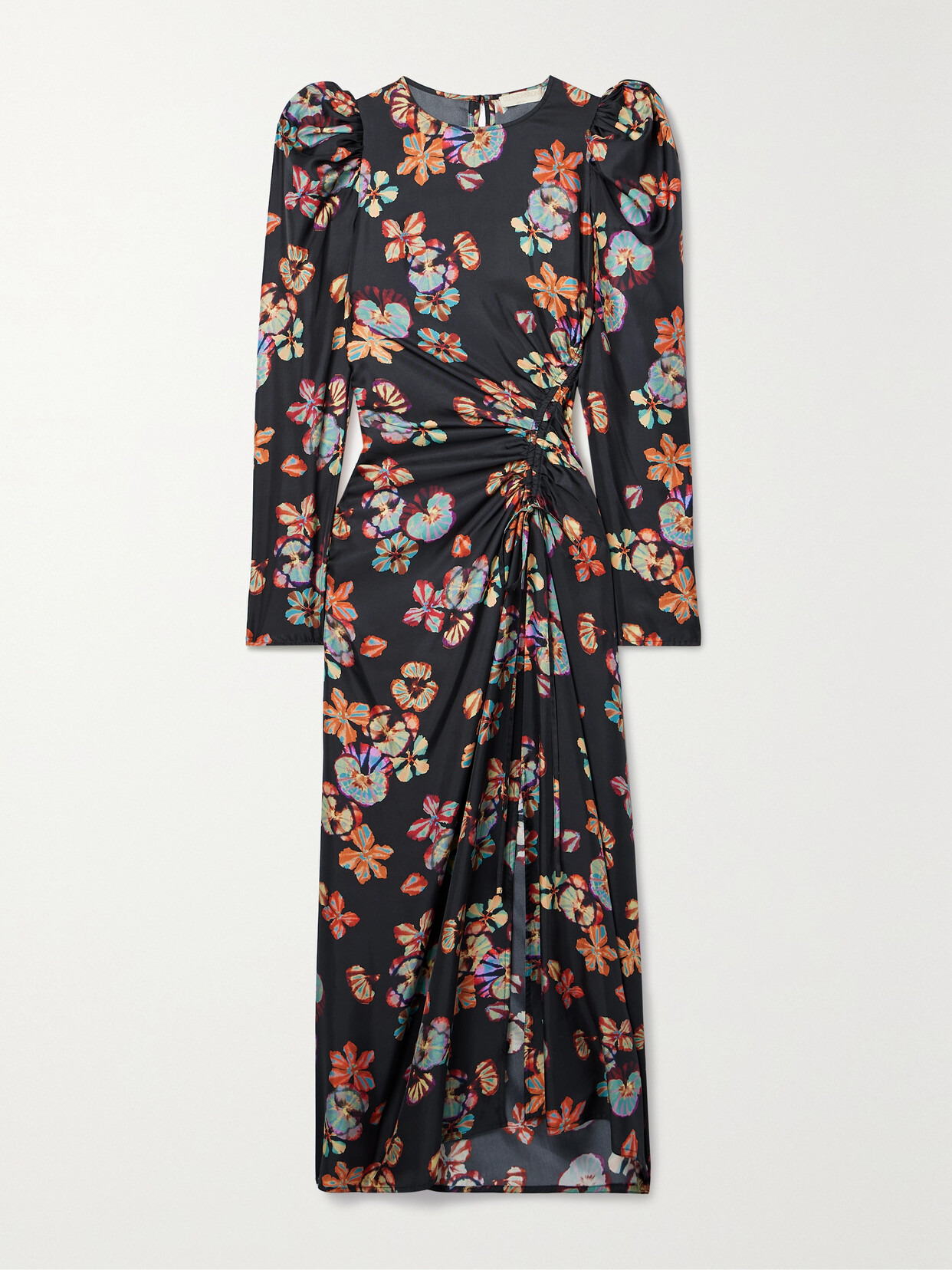 Shop Ulla Johnson Amalie Ruched Floral-print Silk-twill Midi Dress In Black