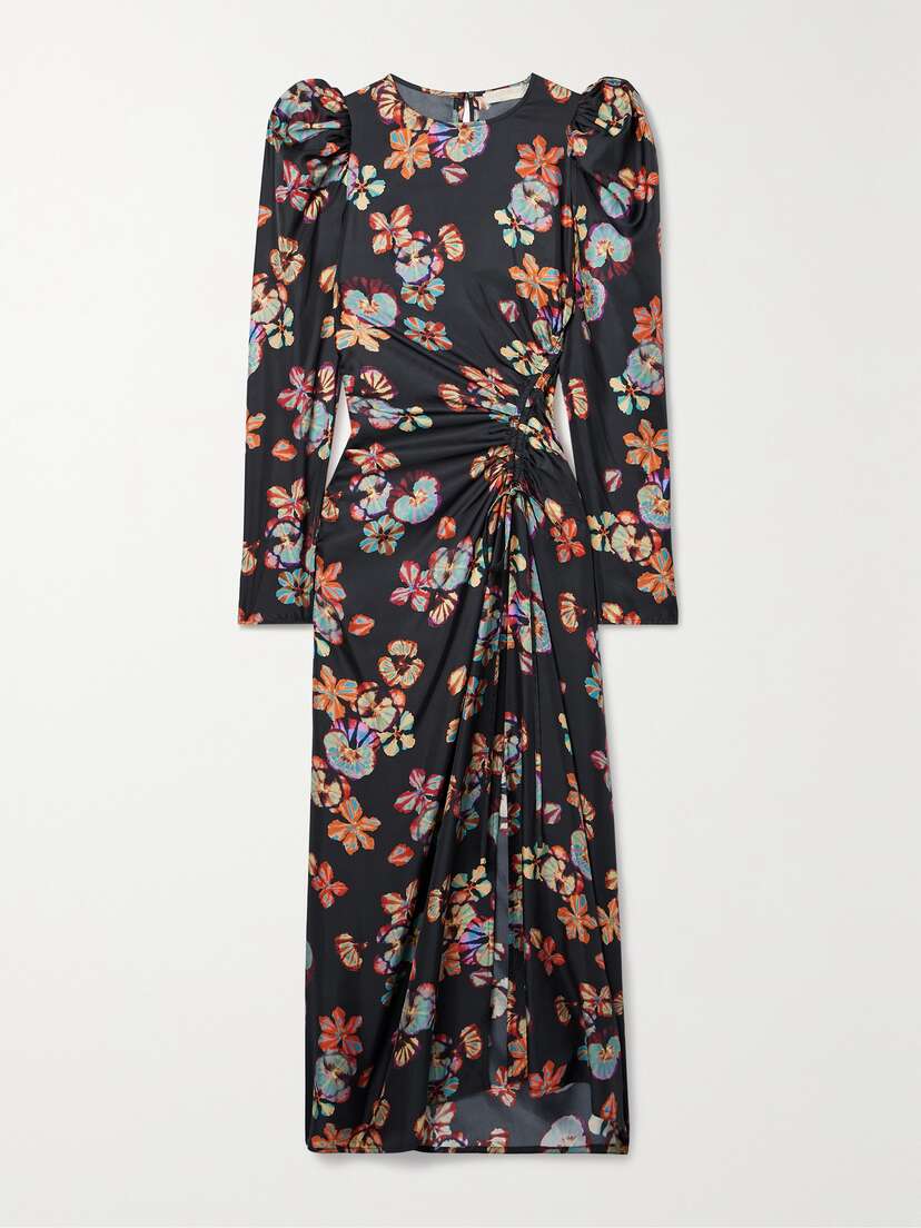 Ulla Johnson Amalie Ruched Floral-print Silk-twill Midi Dress