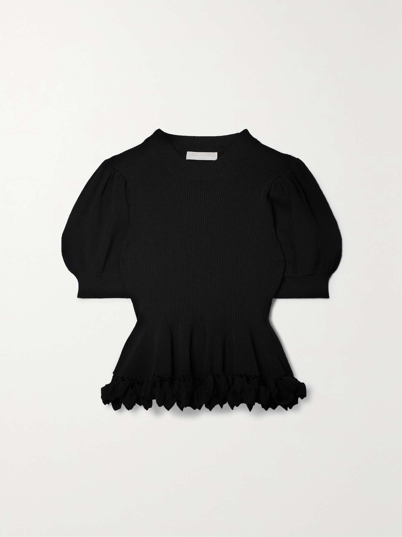 ULLA JOHNSON Esma crochettrimmed ruffled ribbedknit peplum top NET