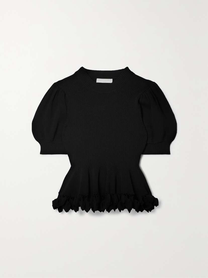 Ulla Johnson Esma Crochet-trimmed Ruffled Ribbed-knit Peplum Top - x large