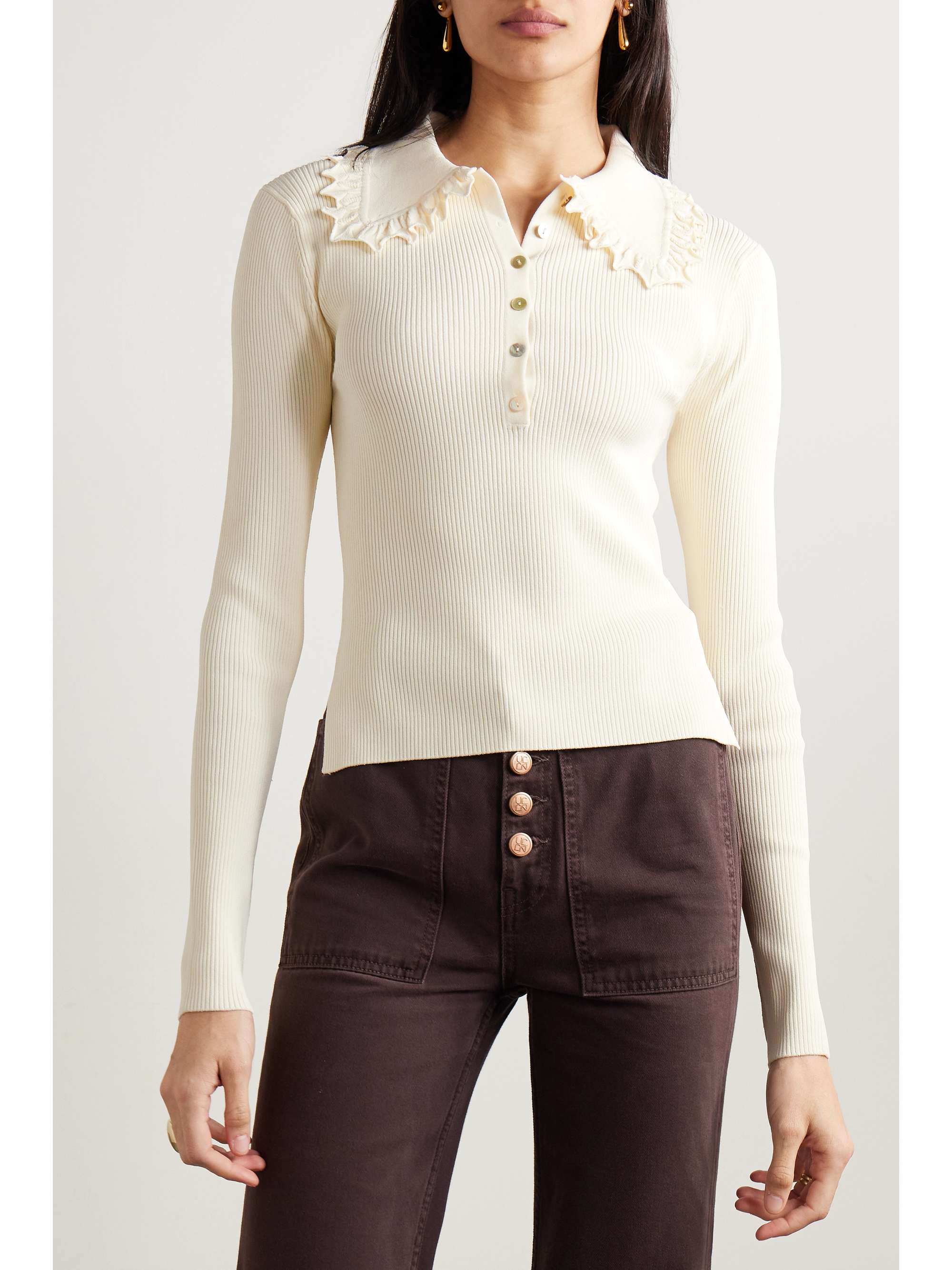 Liese ruffled ribbed-knit polo sweater