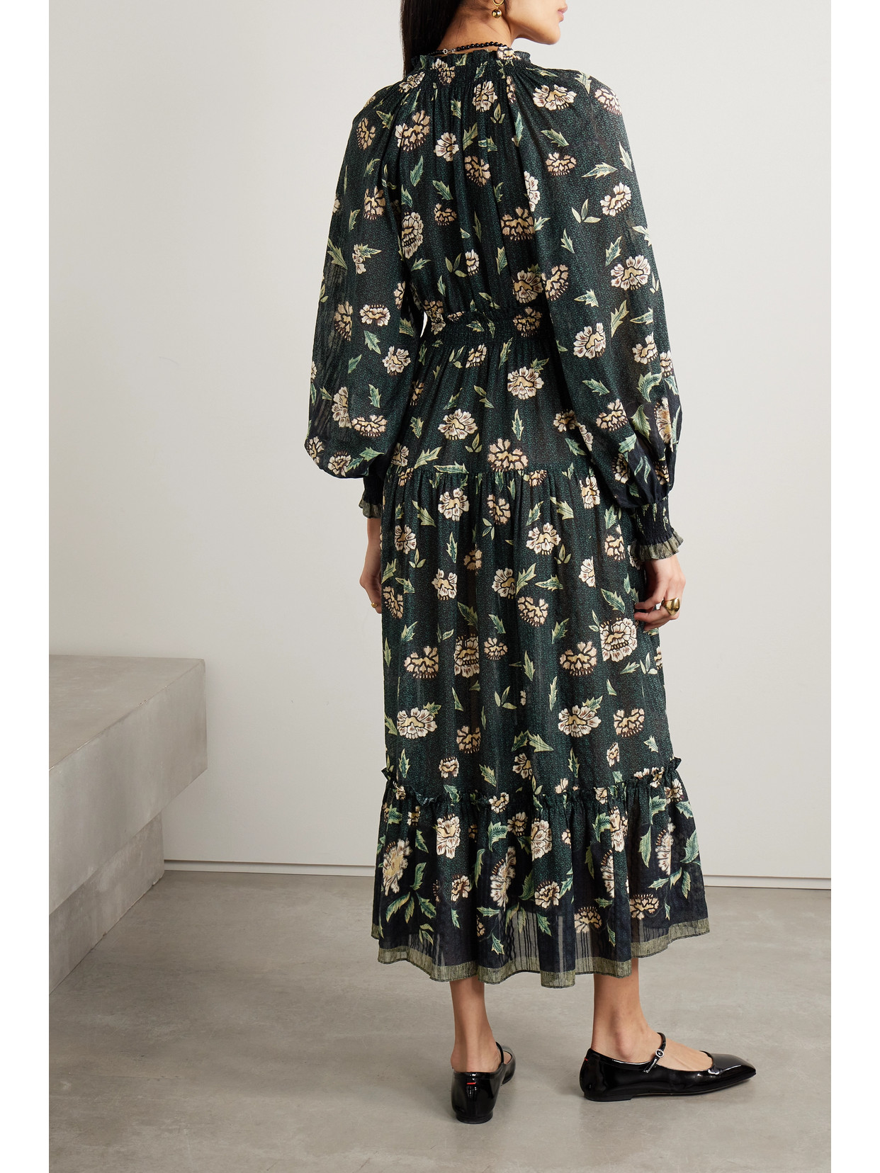 Shop Ulla Johnson Katerina Tiered Floral-print Cotton-voile Midi Dress In Black