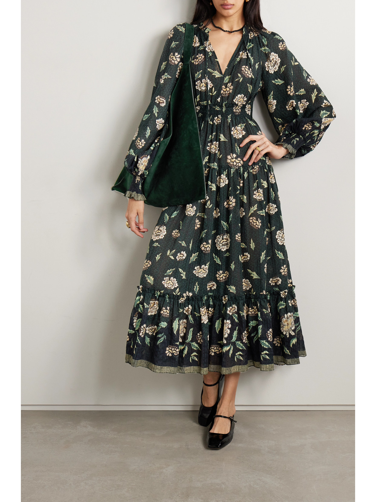 ULLA JOHNSON KATERINA TIERED FLORAL-PRINT COTTON-VOILE MIDI DRESS
