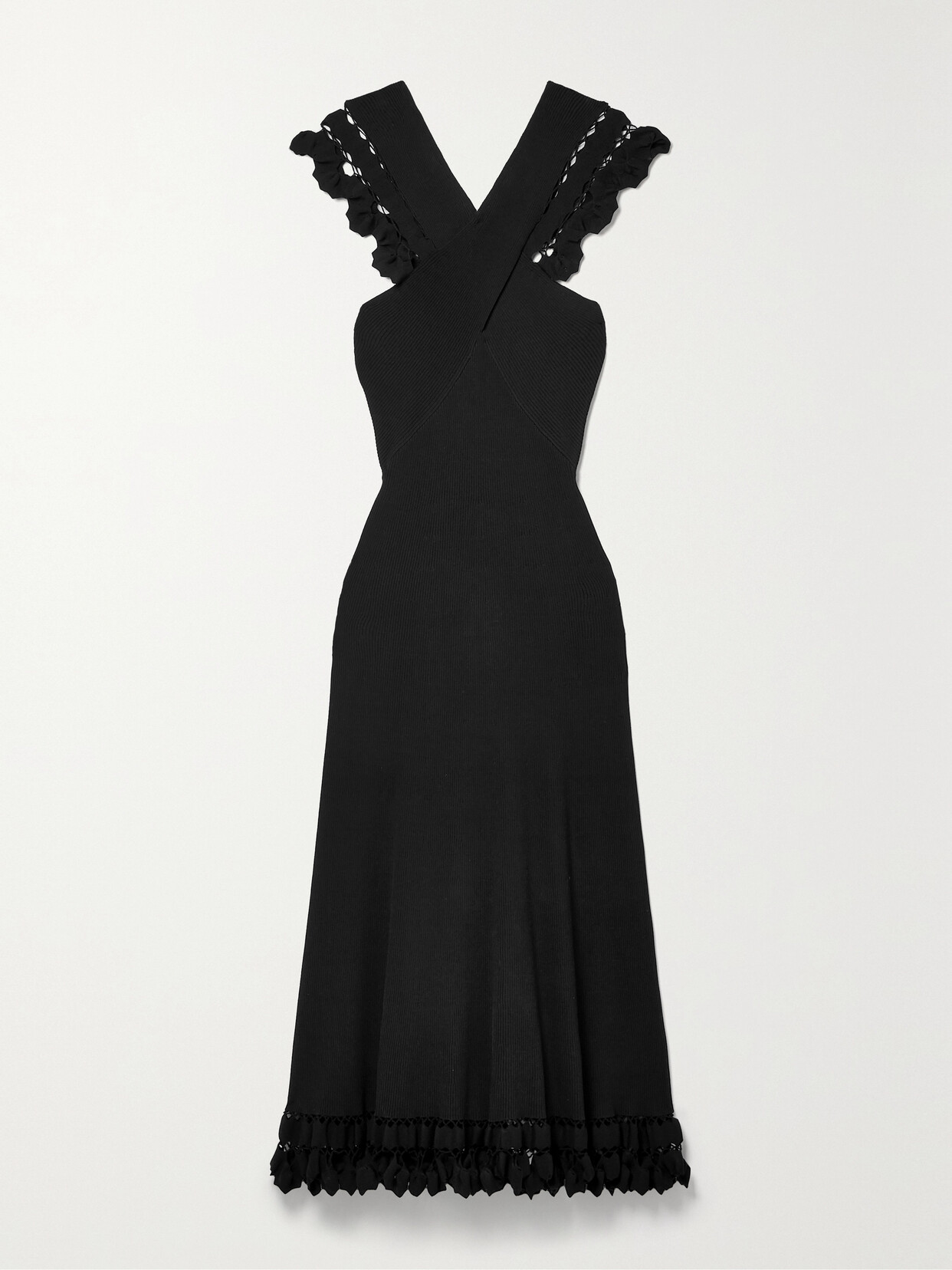 Ulla Johnson - Fiora Crochet-trimmed Ribbed Stretch-knit Midi Dress - Black