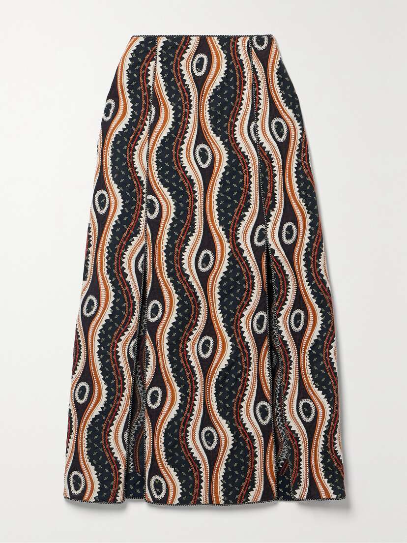 Ulla Johnson Shaia Bead-embellished Embroidered Printed Cotton Midi Skirt