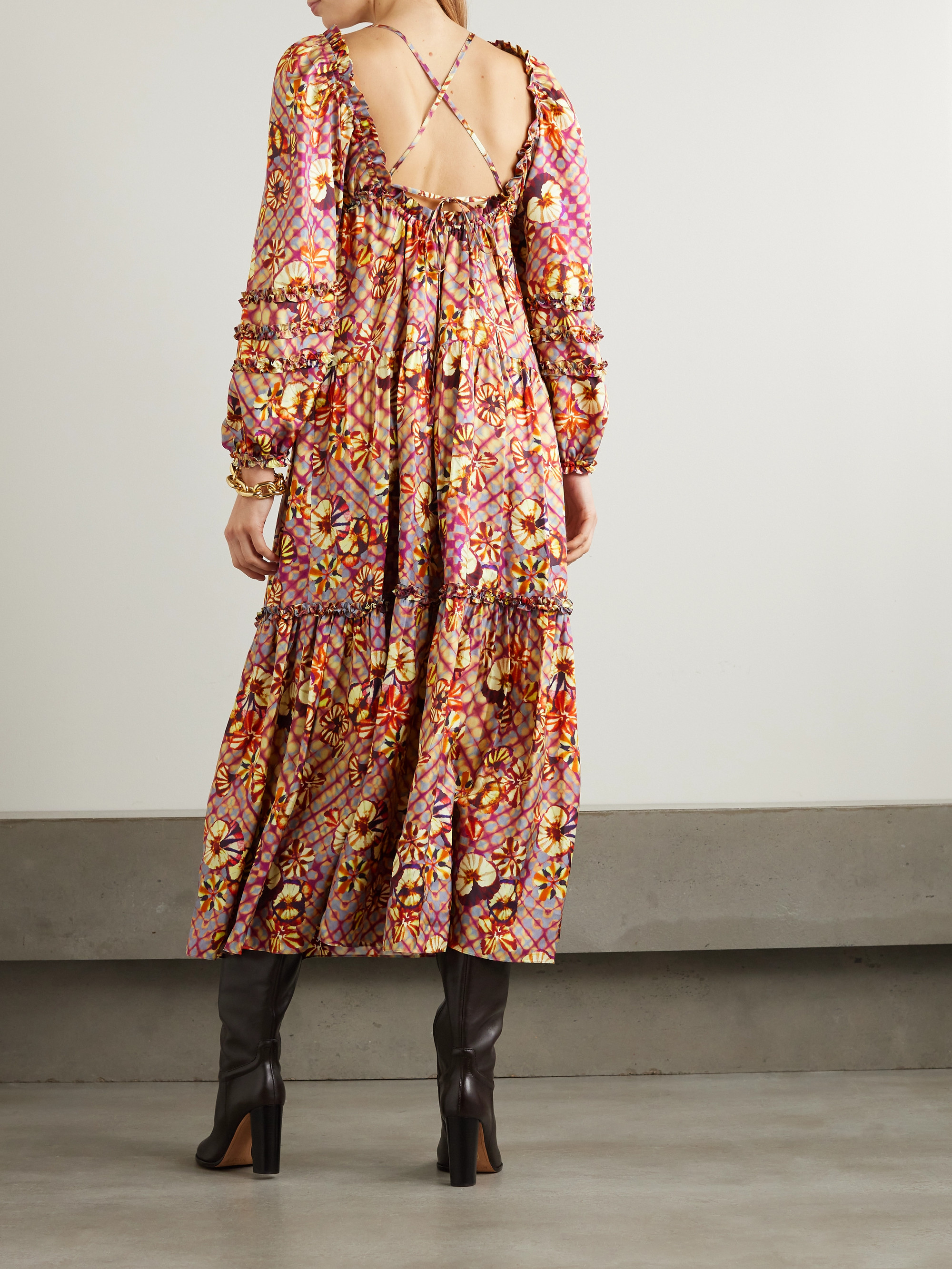 Ulla Johnson Anastasia lace-up printed silk-habotai midi dress thumbnail