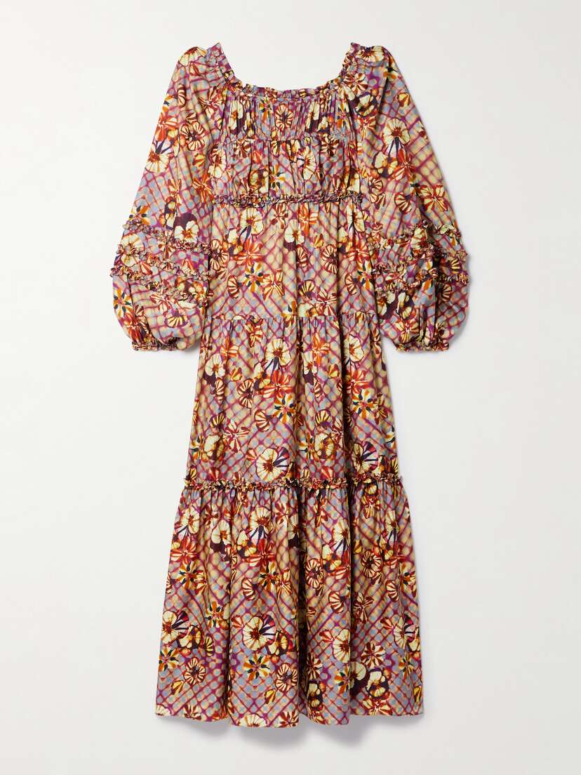 Ulla Johnson Anastasia Lace-up Printed Silk-habotai Midi Dress