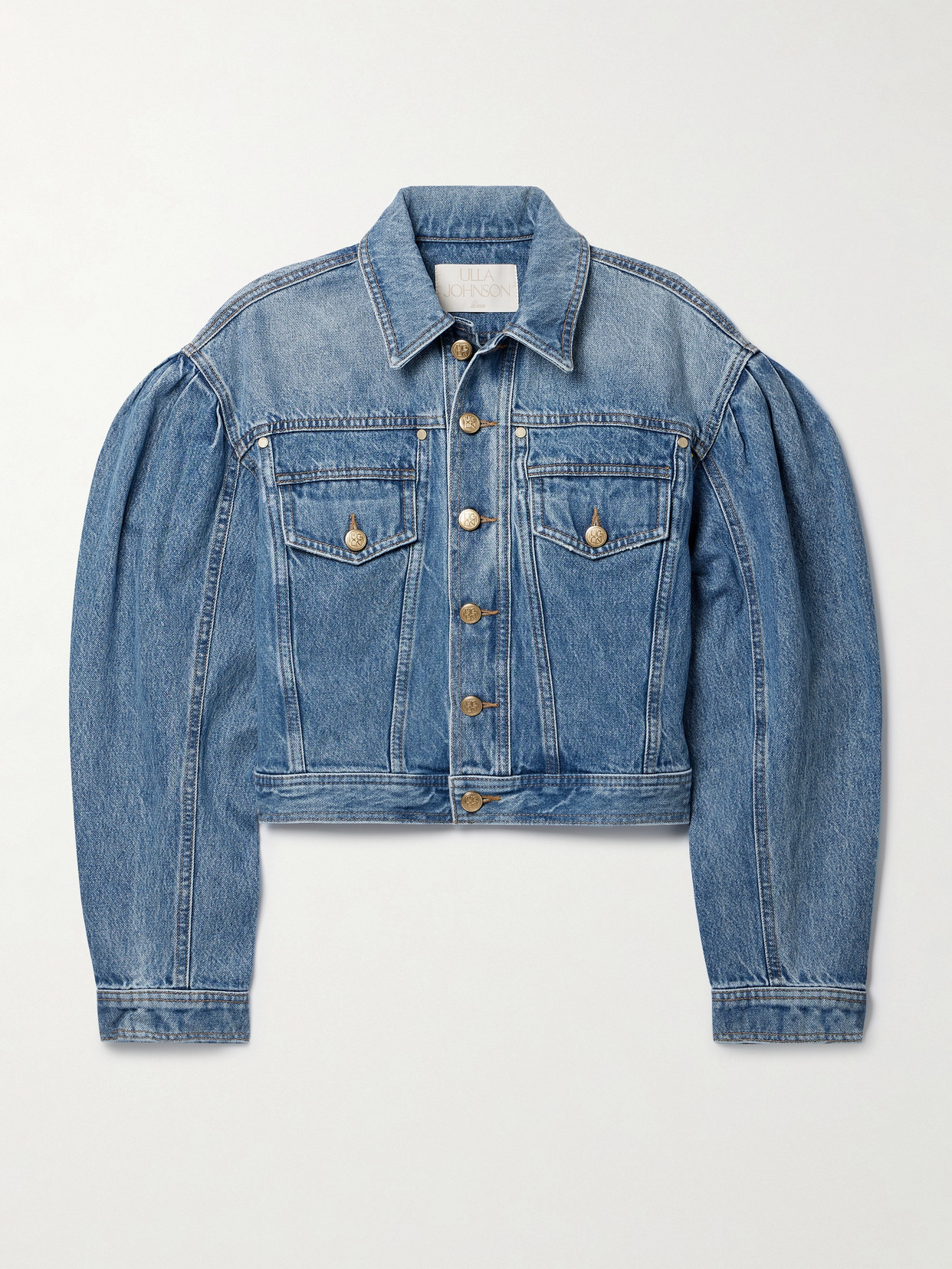 Ulla Johnson Gathered-shoulders Cropped Denim Jacket In Blue