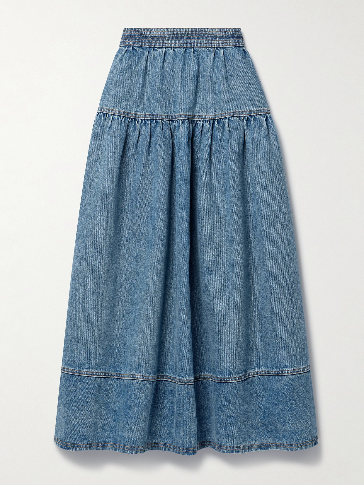 Shop Ulla Johnson Astrid Tiered Denim Maxi Skirt In Blue