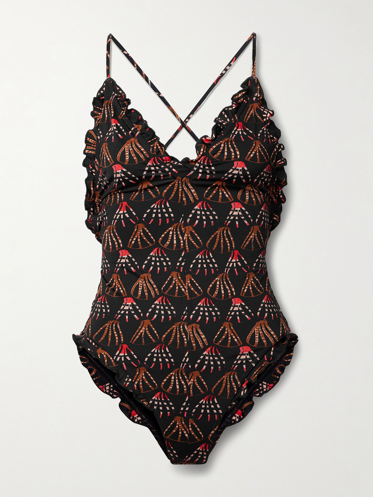 Shop Ulla Johnson Giordana Ruffled Ruched Printed Swimsuit In Brown