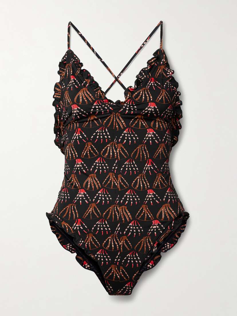 Ulla Johnson Giordana Ruffled Ruched Printed Swimsuit - x large