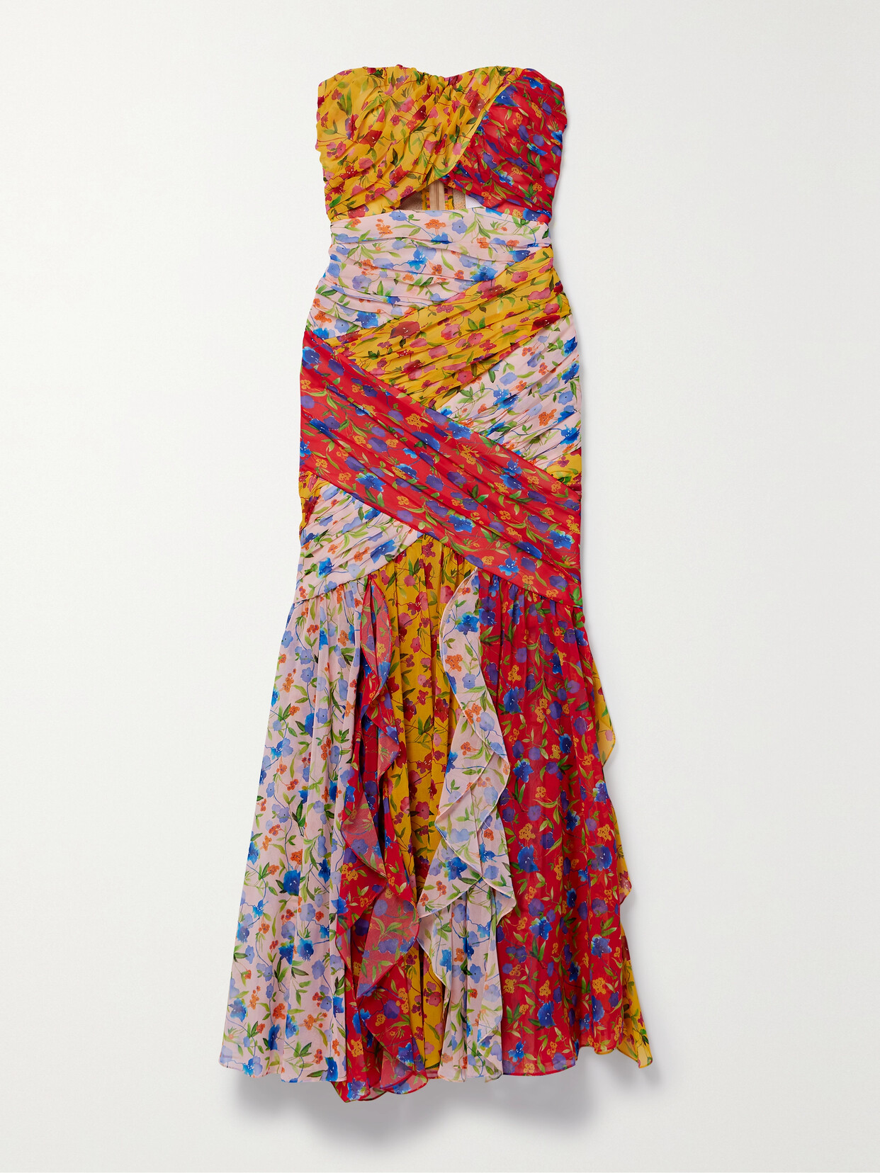 Carolina Herrera Strapless Ruched Cutout Floral-print Georgette Midi Dress In Multi