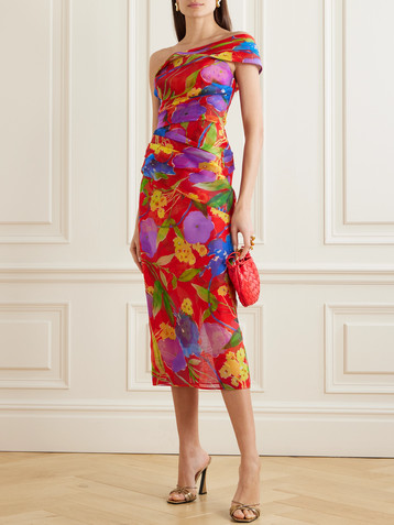 Carolina Herrera One-shoulder gathered floral-print silk-chiffon midi dress