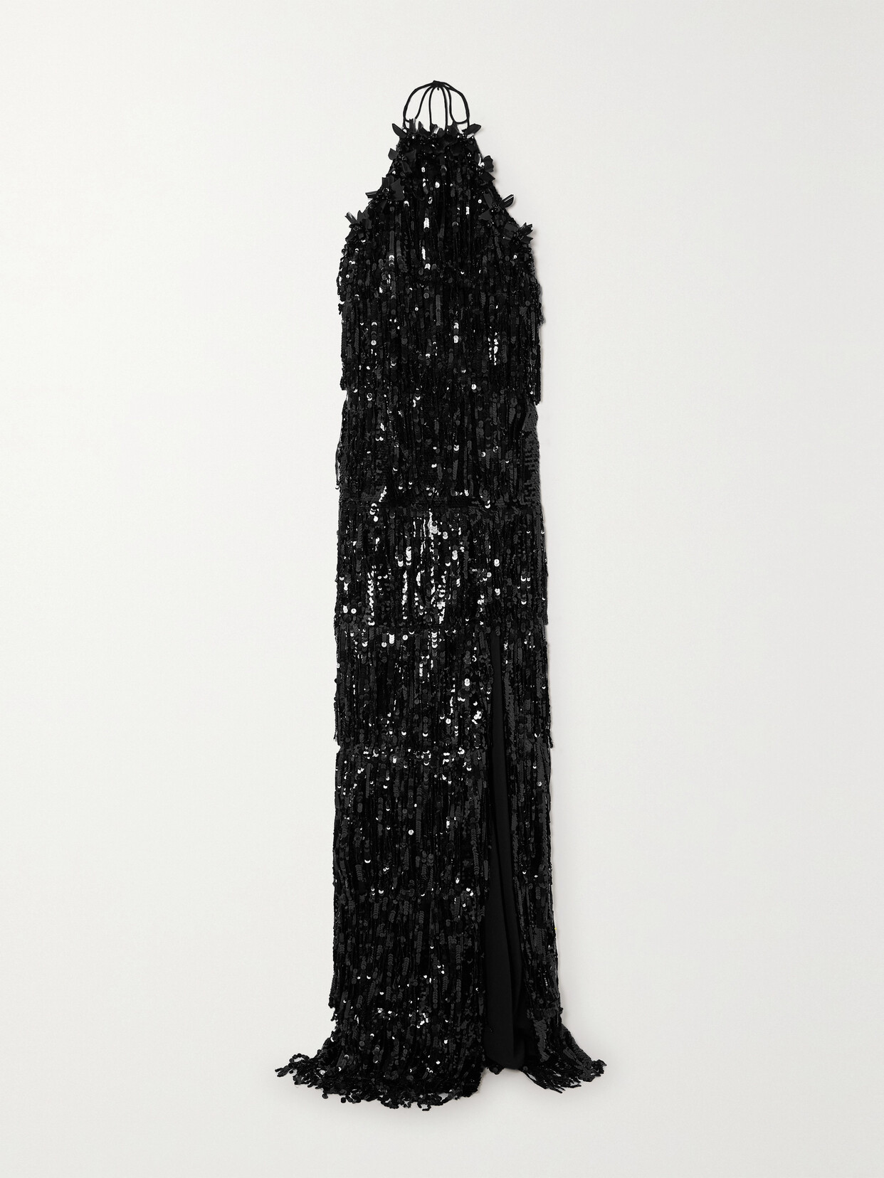 Carolina Herrera Fringed Sequined Crepe Halterneck Gown In Black