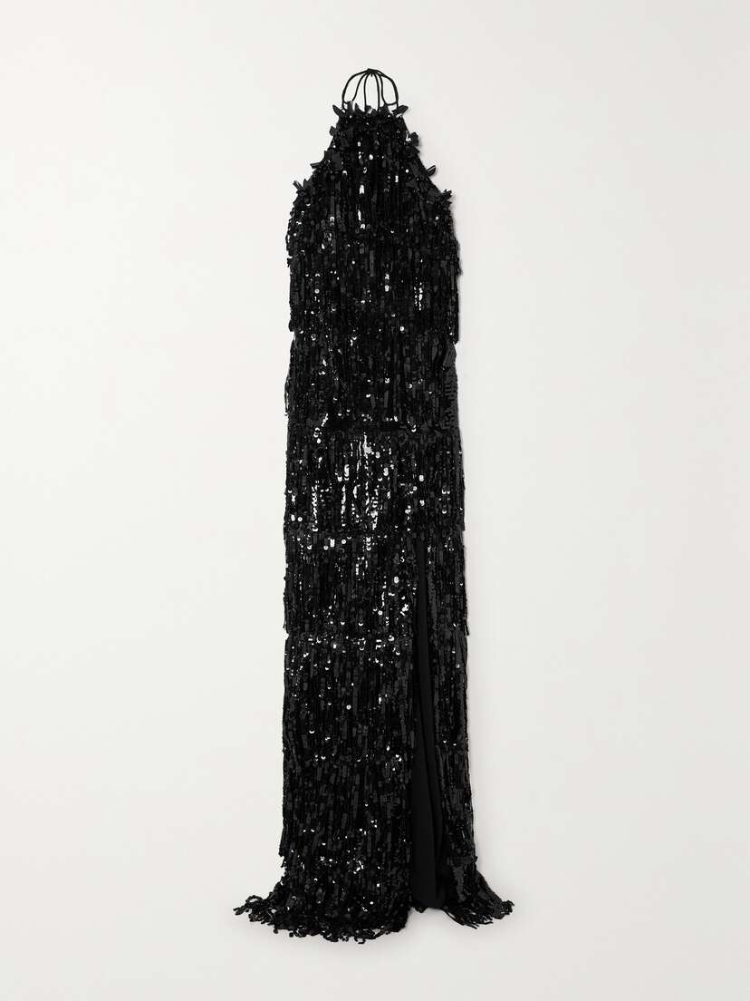 Carolina Herrera Fringed Sequined Crepe Halterneck Gown