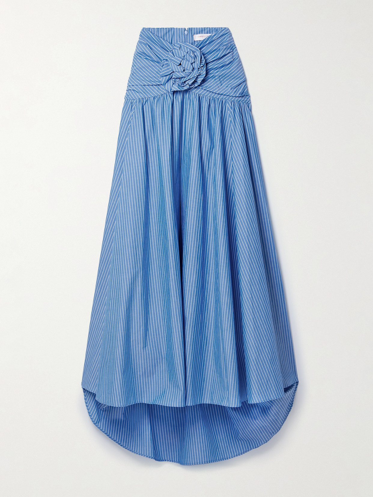 Carolina Herrera Floral-embellished Gathered Striped Cotton-poplin Maxi Skirt In Blue