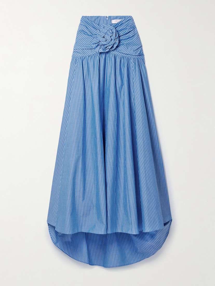 Carolina Herrera Floral-embellished Gathered Striped Cotton-poplin Maxi Skirt