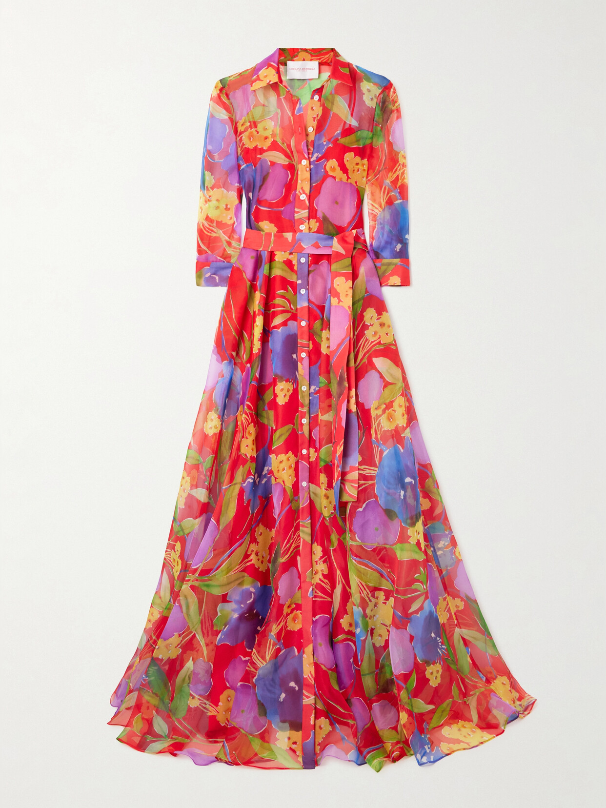 Carolina Herrera Belted Floral-print Silk-chiffon Gown In Red