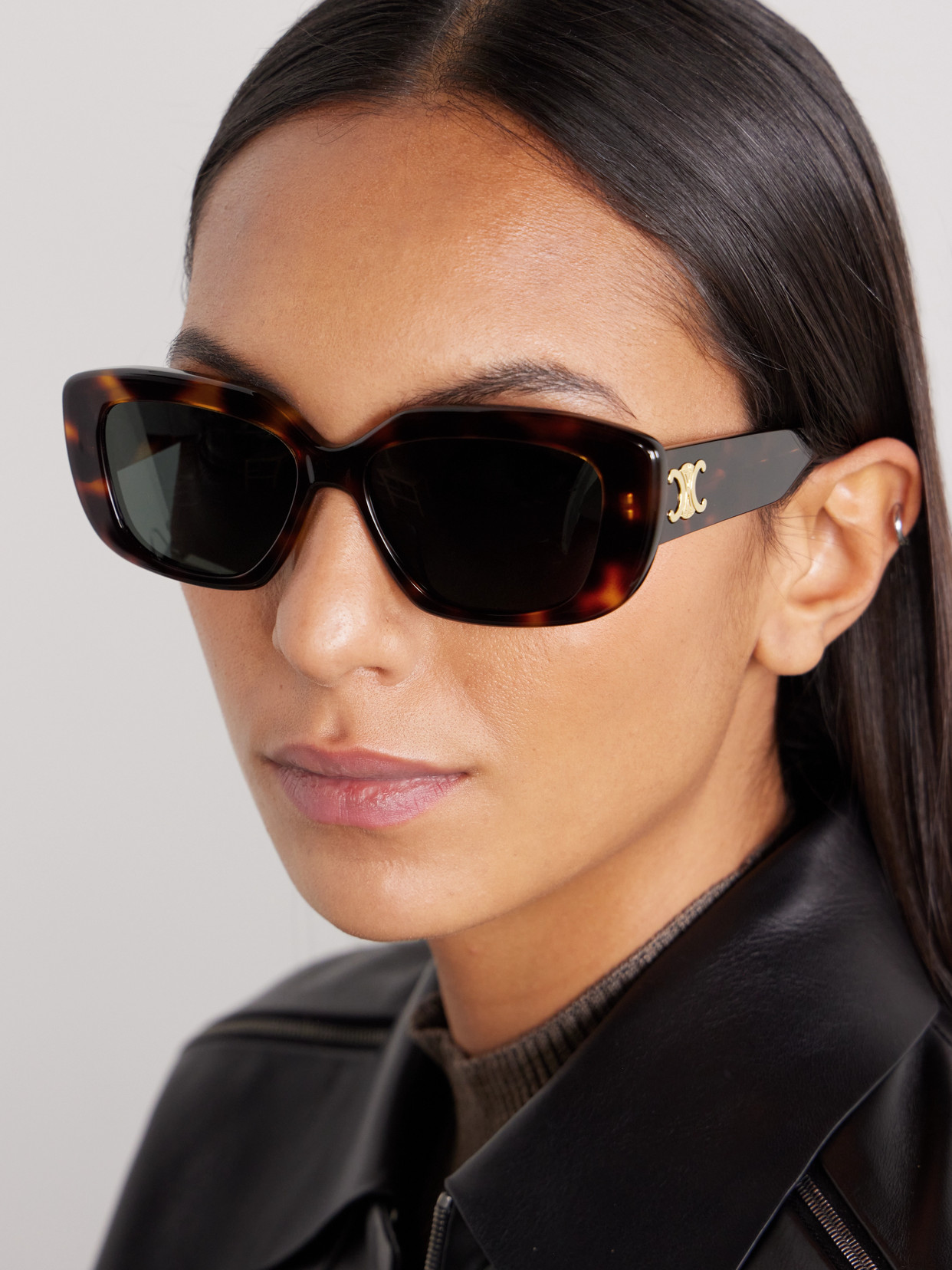 Shop Celine Triomphe Rectangular-frame Tortoiseshell Acetate Sunglasses