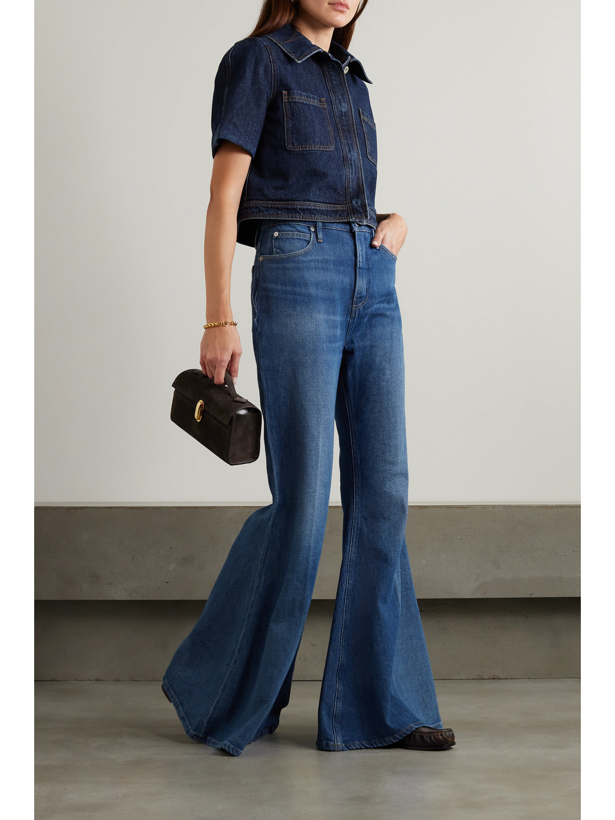 Frame Braided High Waist Crop Mini Bootcut Jeans In Blue