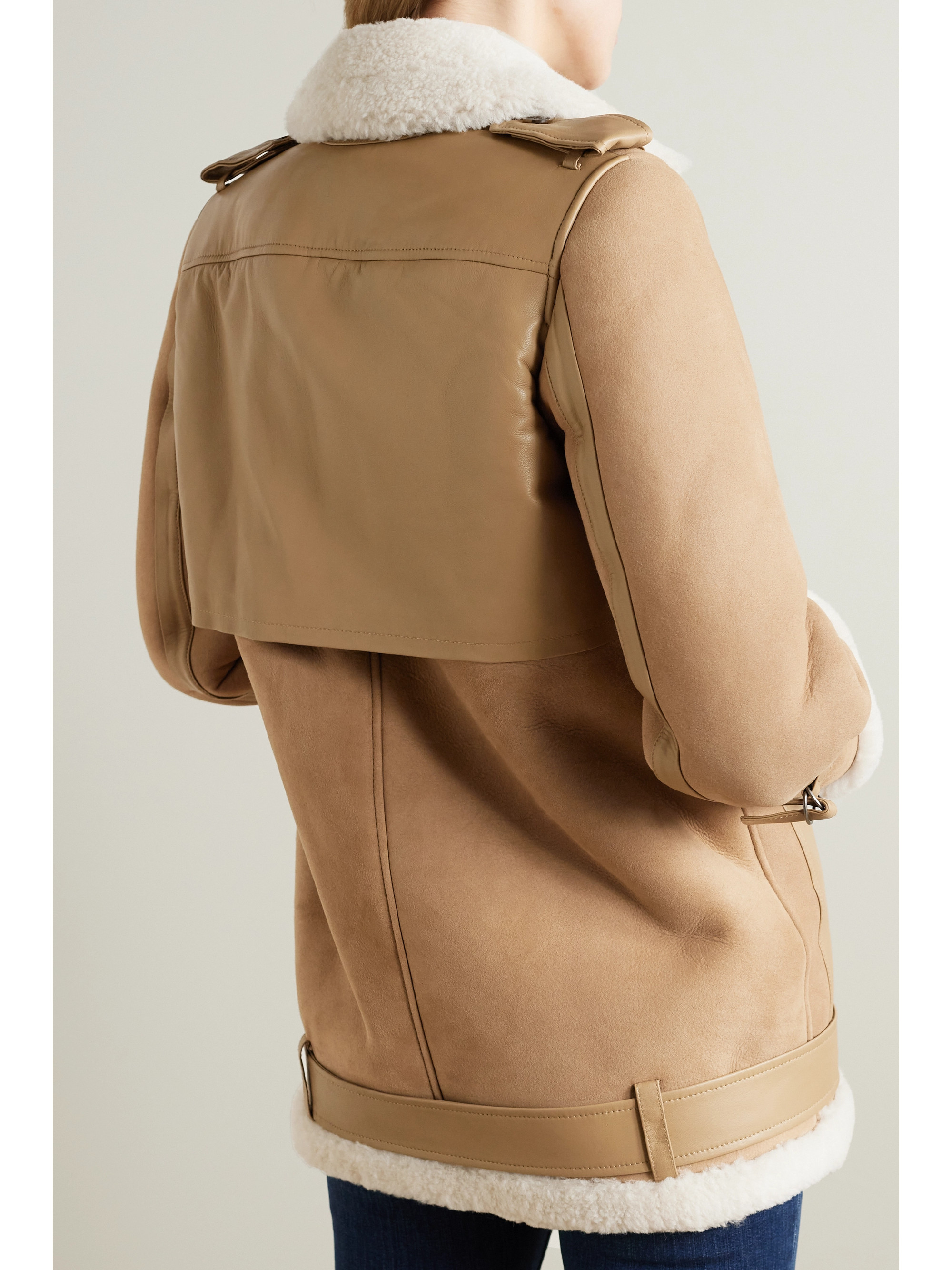 FRAME Belted leather-trimmed shearling jacket