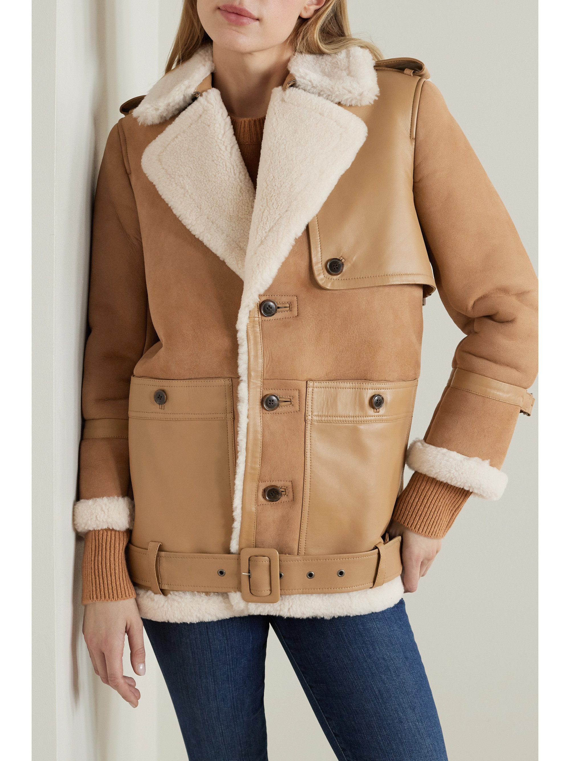 FRAME Belted leather-trimmed shearling jacket